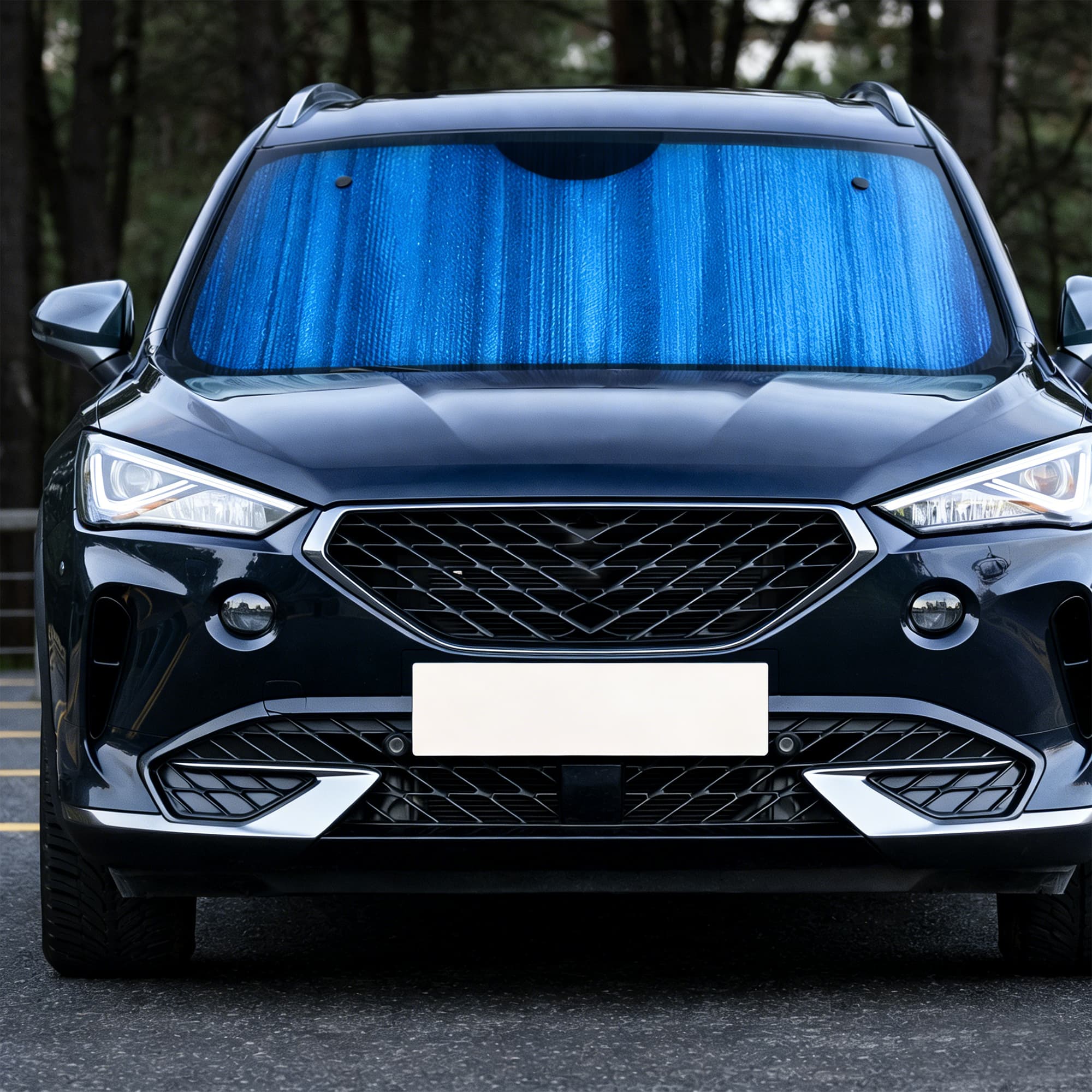 A blue full-colour printed bubble aluminium car sun shade is displayed in a front-facing vehicle.