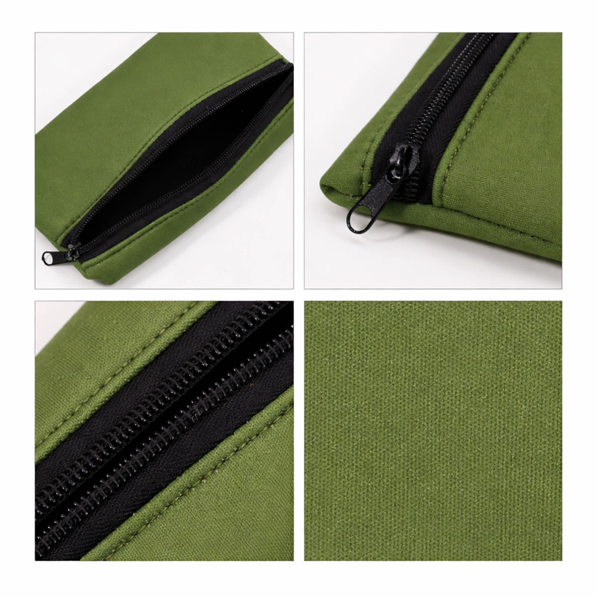 A small green neoprene pencil pouch with a black zipper, featuring a textured surface and stitch detailing.