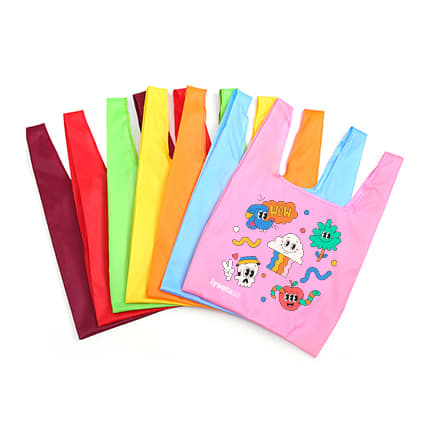 A set of eight reusable foldaway shopping bags in various bright colours, featuring playful designs and a logo.