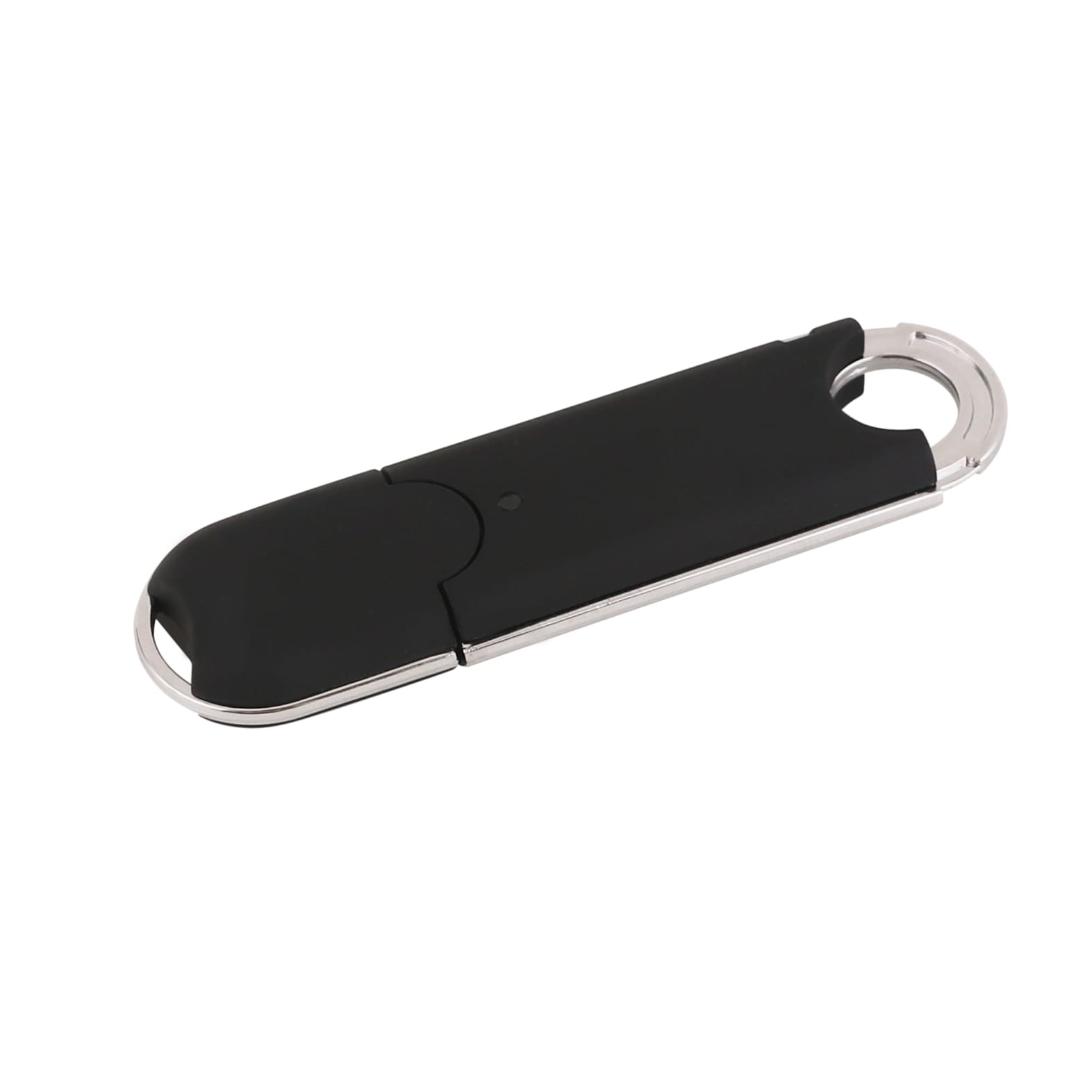 A black O-ring flash drive with a metallic ring for attachment. It features a sleek, streamlined design.