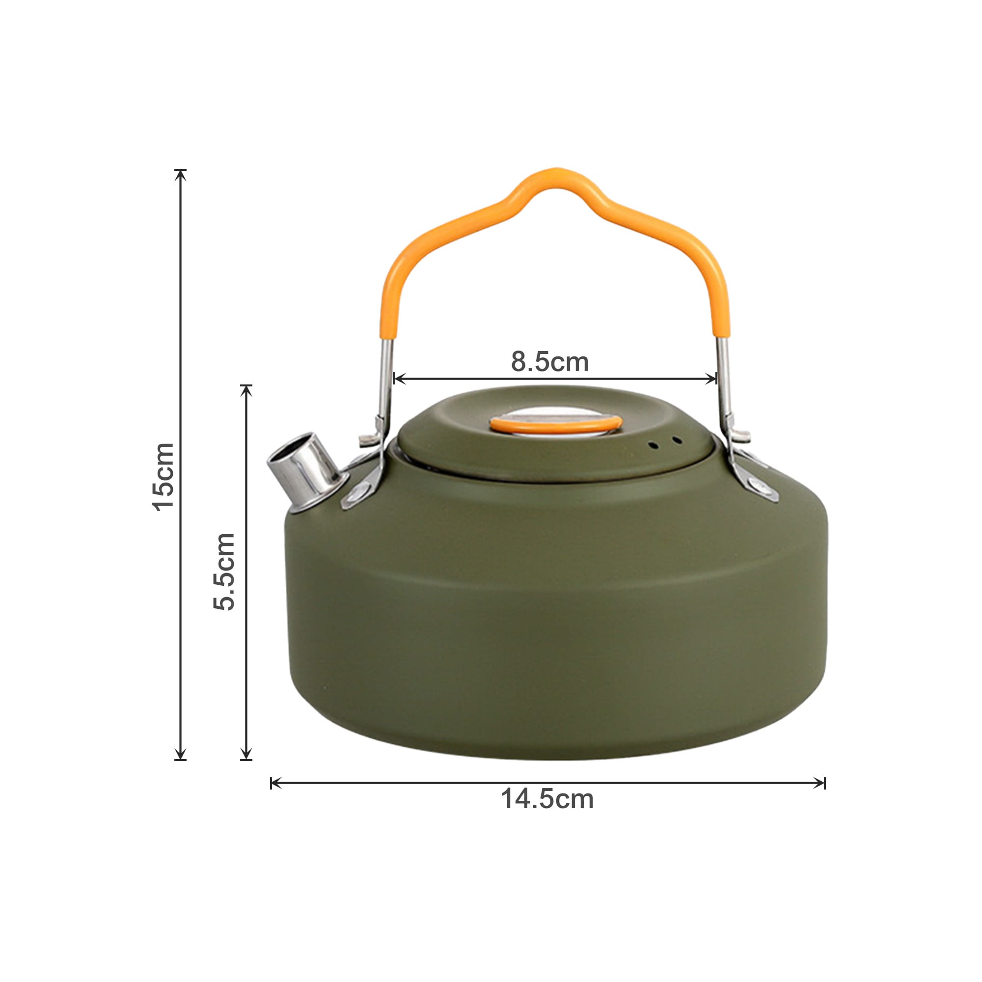 A green camping kettle with a lid and an orange handle, featuring a spout and measurement details.