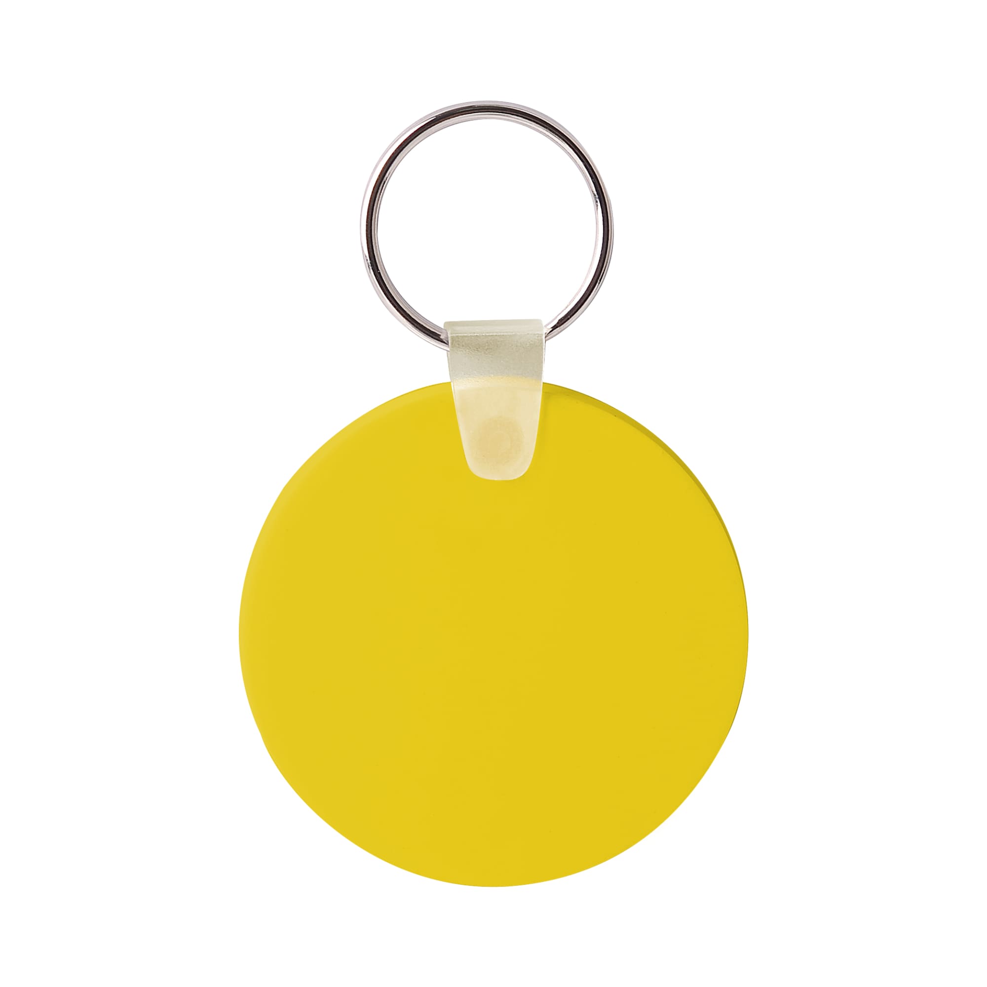 A round yellow Durasoft keyring with a silver metal ring attached.