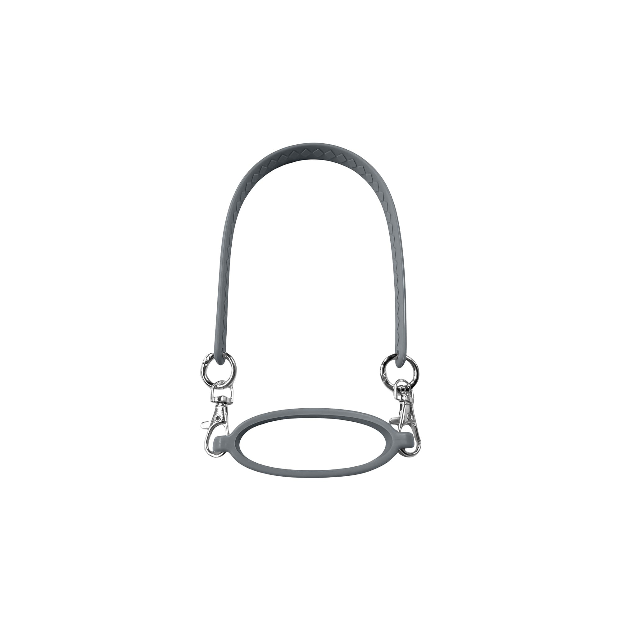 A drink bottle carry strap in grey silicone with metal clips for attaching to bottles.