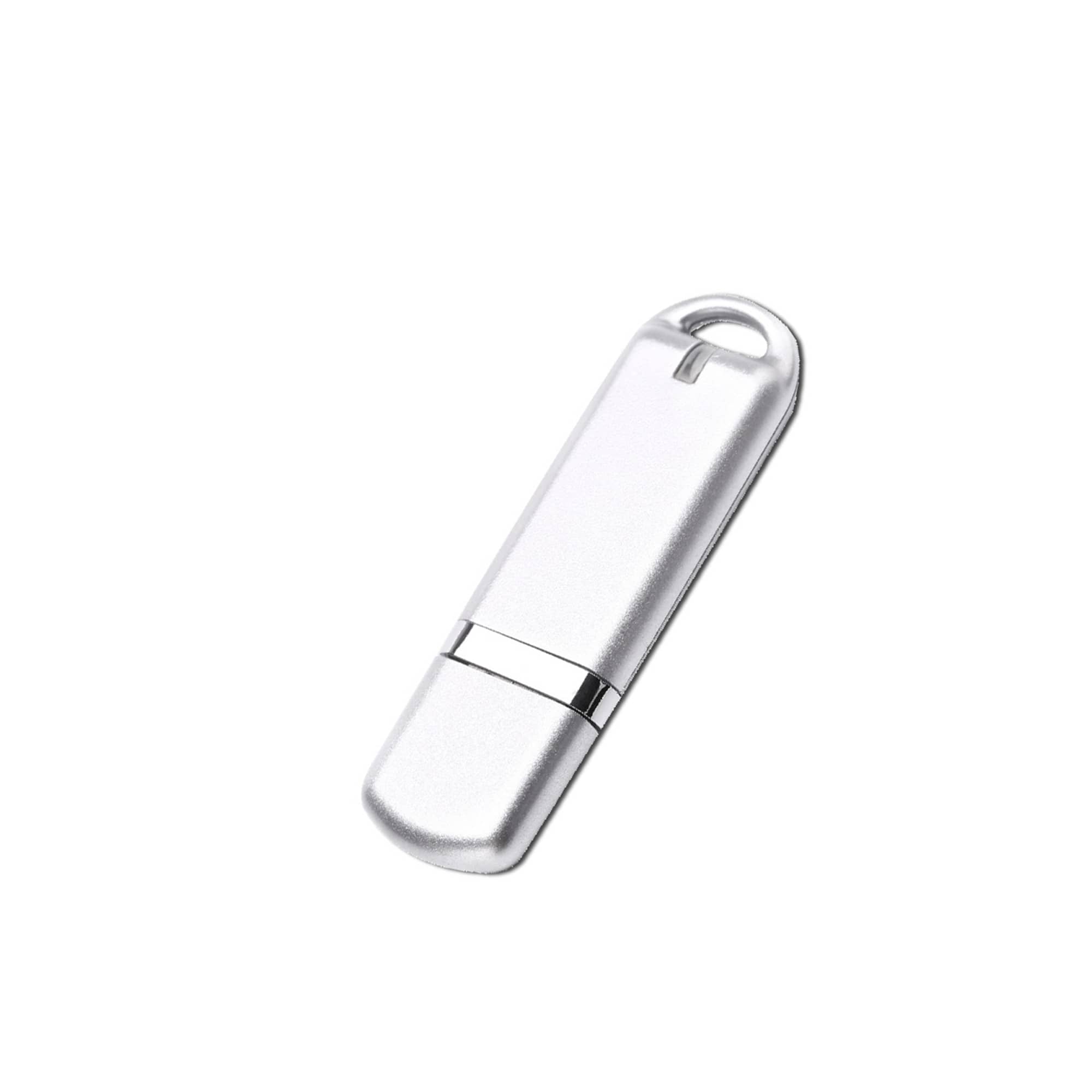 A silver flash drive with a sleek design, featuring a loop for easy attachment and a branding logo.