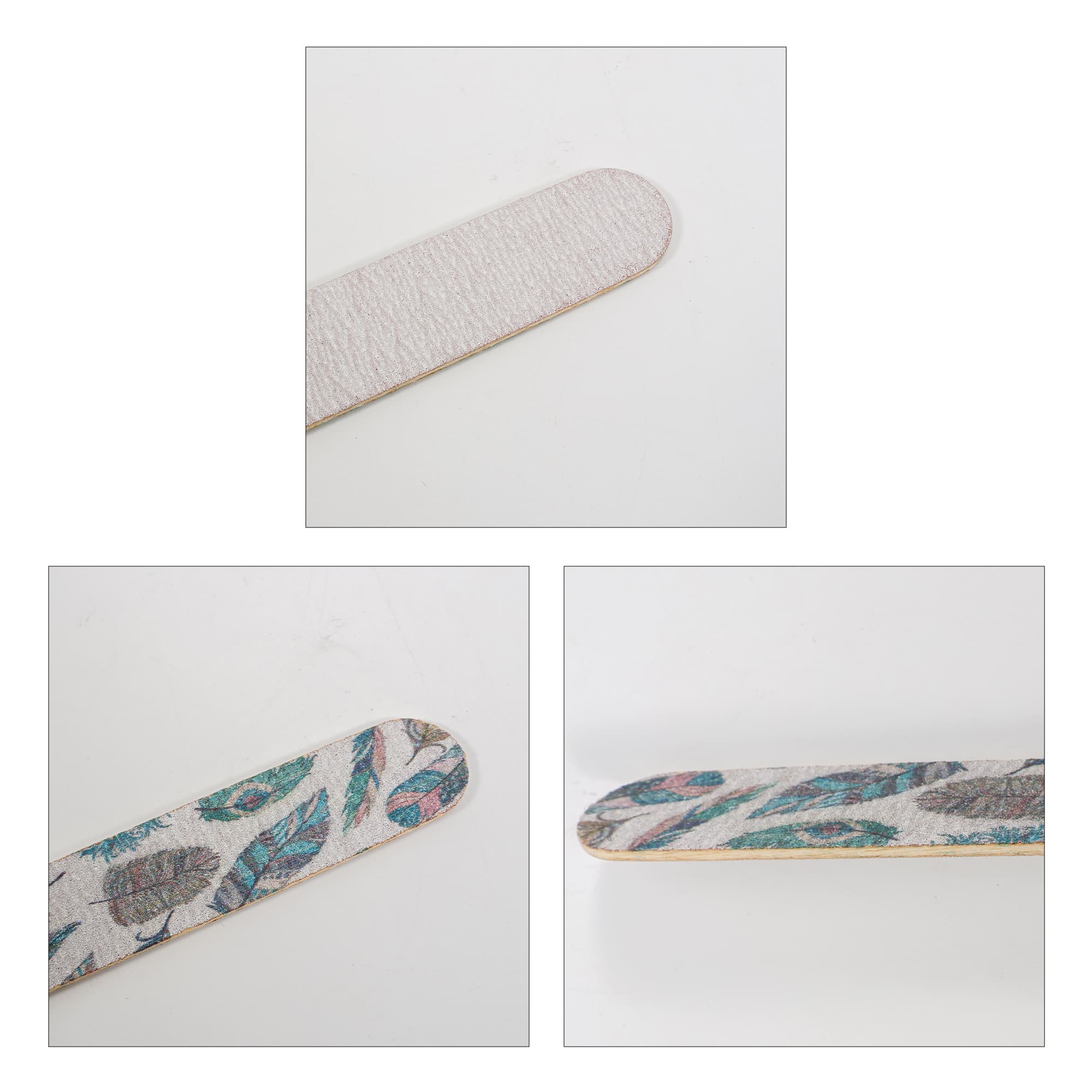 A pack of 50 wooden straight nail files featuring a textured surface and decorative feather patterns in various colours.