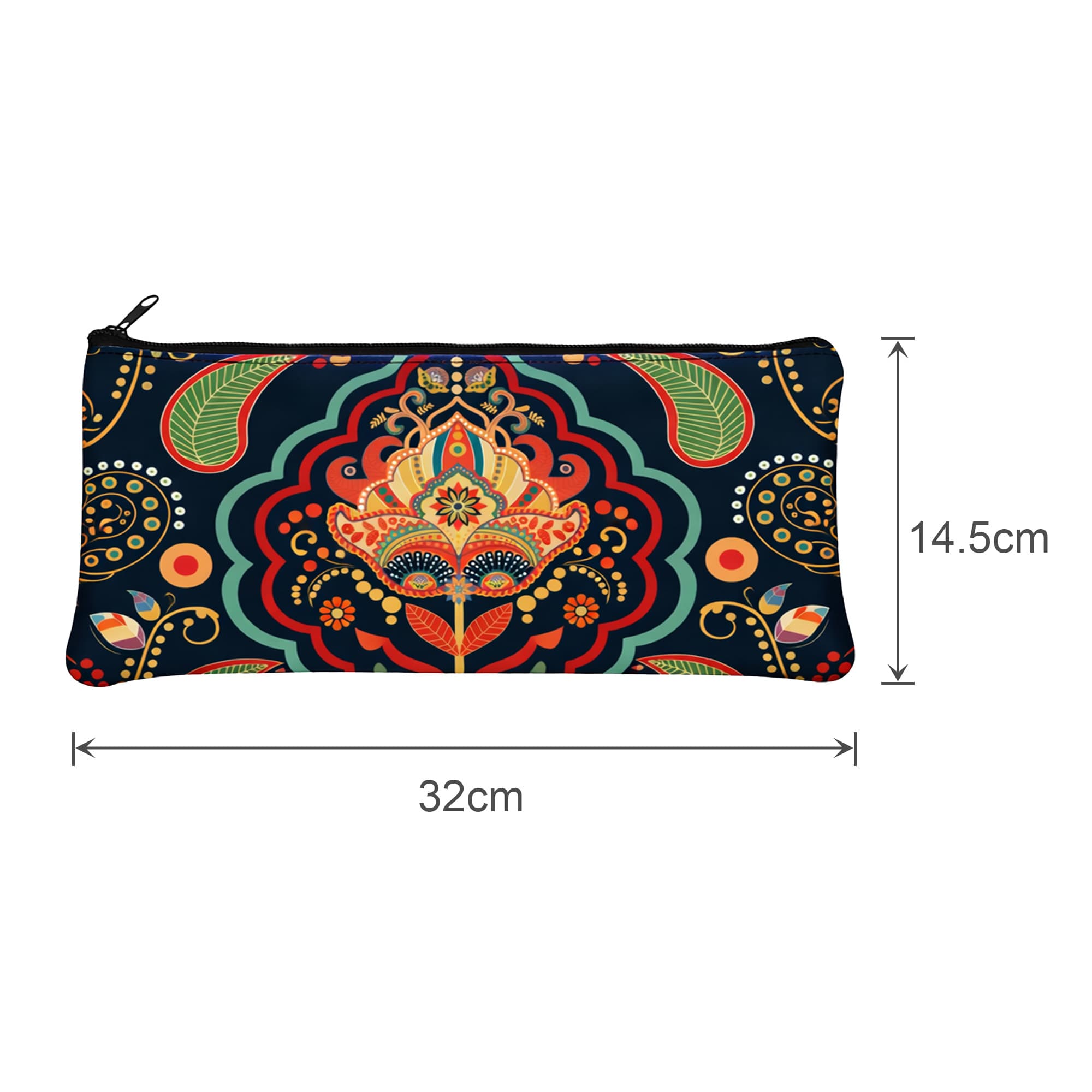 A vibrant neoprene pencil case featuring intricate floral patterns in red, green, and blue. It has a logo and measures 32cm by 14.5cm.