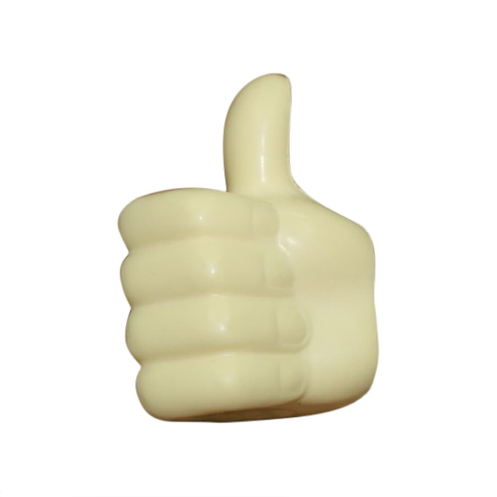 A cream-coloured, thumb-shaped stress reliever with a raised thumb design and a smooth surface.