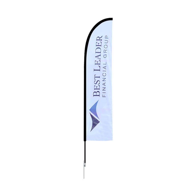 A straight feather banner featuring a predominantly blue design with a black pole and a logo.