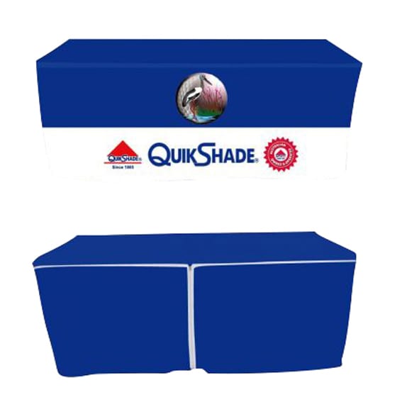 A blue fitted tablecloth with a zipper back, featuring a logo and a design across the front.