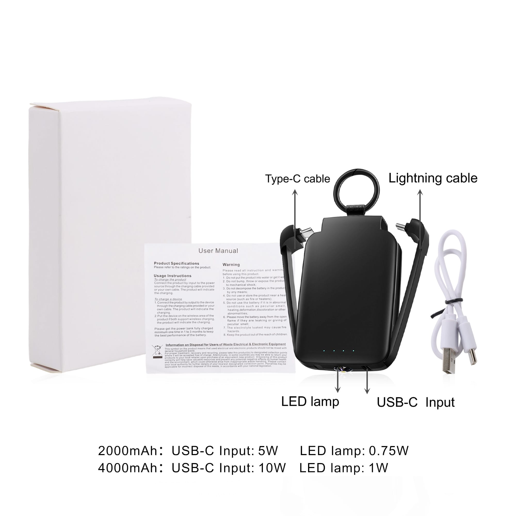 A black mini power bank with a built-in flashlight, Type-C cable, Lightning cable, and a user manual beside a white box.