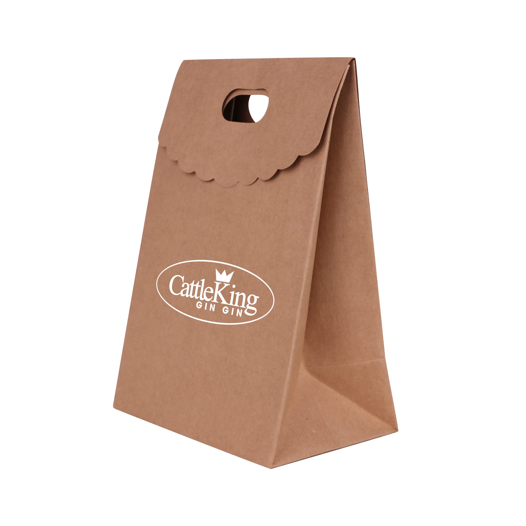 A brown die cut handle bag with a flap, featuring a decorative edge and a handle cut-out.