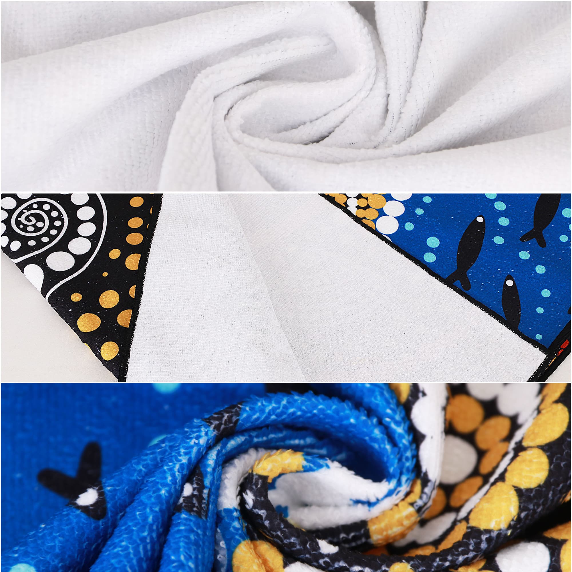 A beach towel featuring intricate patterns in blue, black, and yellow, with a textured white fabric. It has a logo.