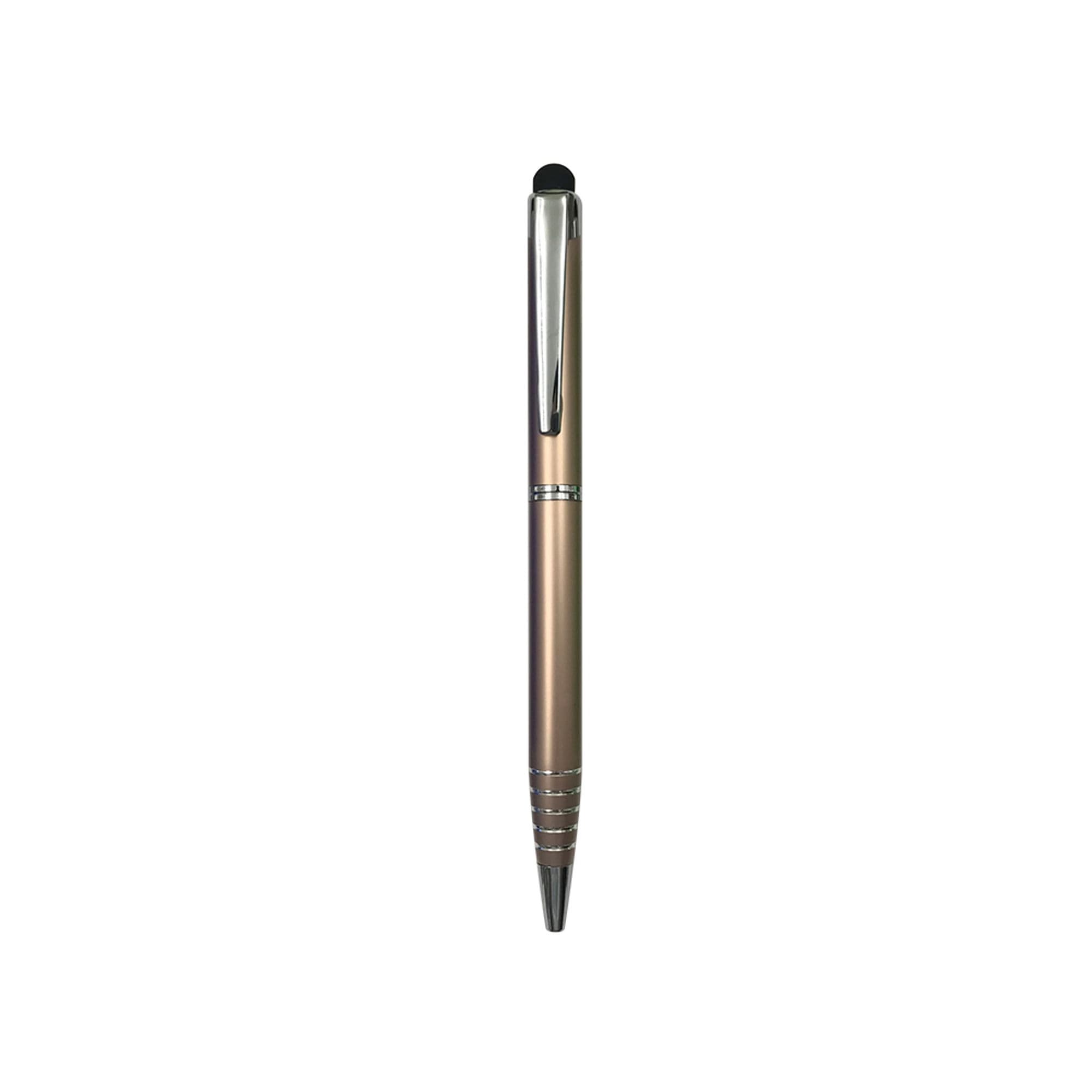 A bronze aluminium ball pen with a shiny silver clip and stylus tip, featuring a simple branding logo.