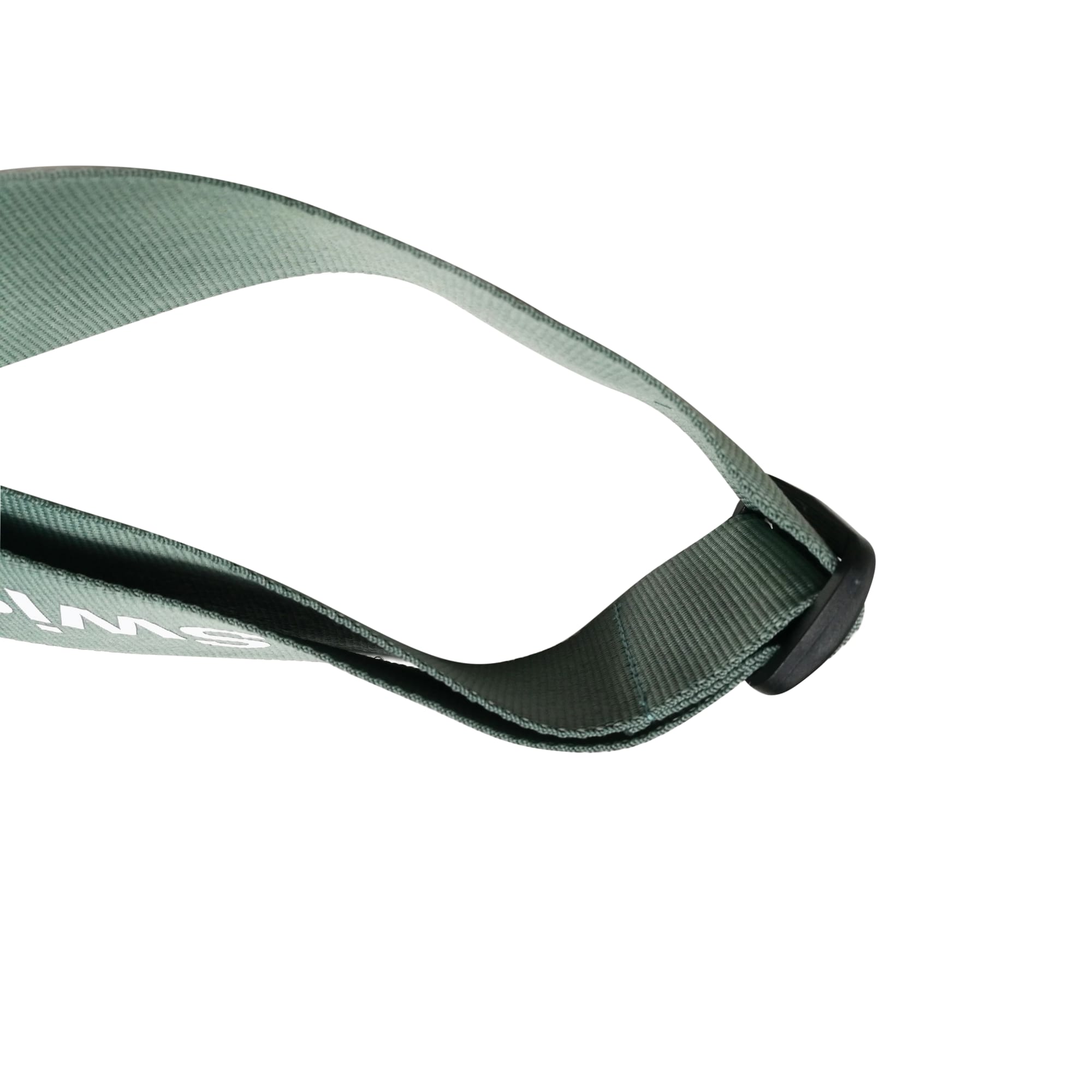 A green poly ribbed luggage belt featuring a buckle and branded logo. Ideal for securing luggage.