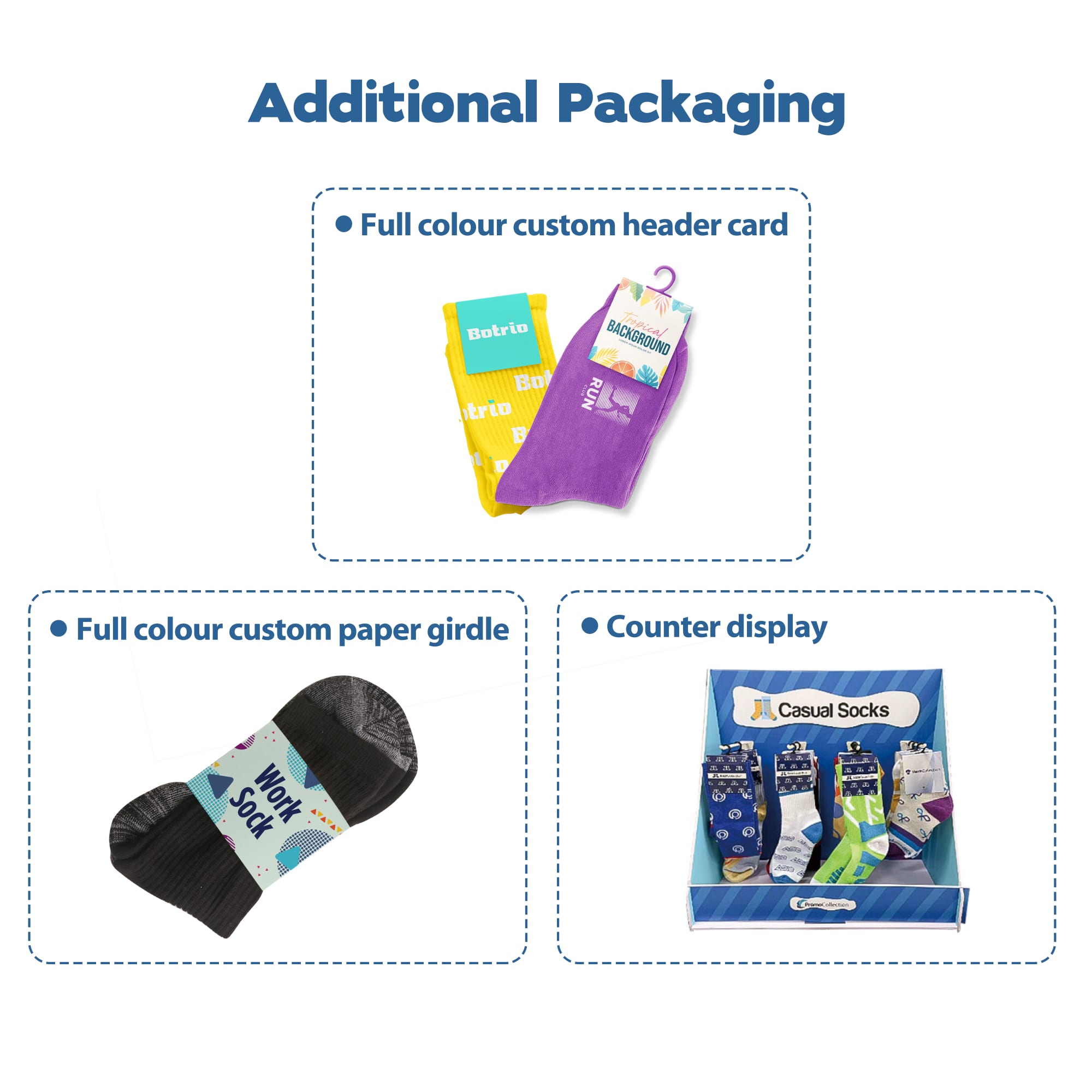 A display of various packaging options for knee-high custom pattern football socks, featuring vibrant colours and designs.