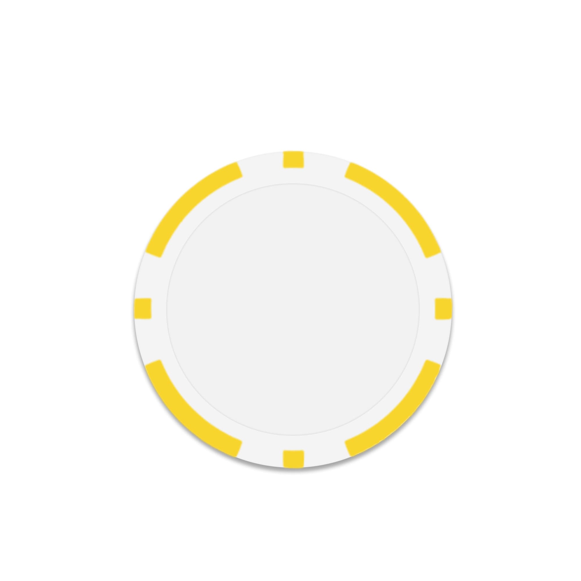 A poker chip in white with yellow accents around the edge, featuring a logo in the centre.