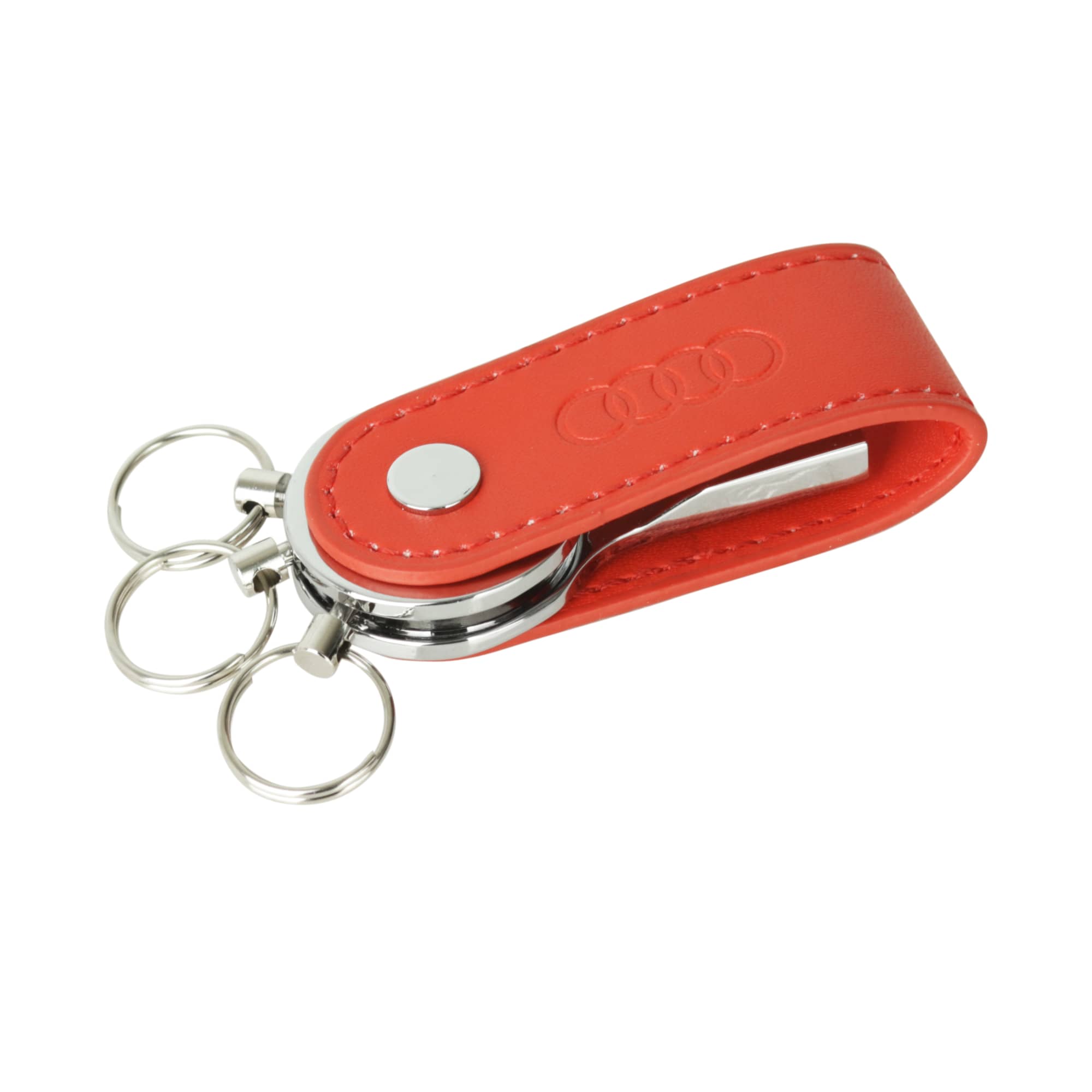 A red PU leather swivel drive with a metal keyring attachment and a silver button detail.