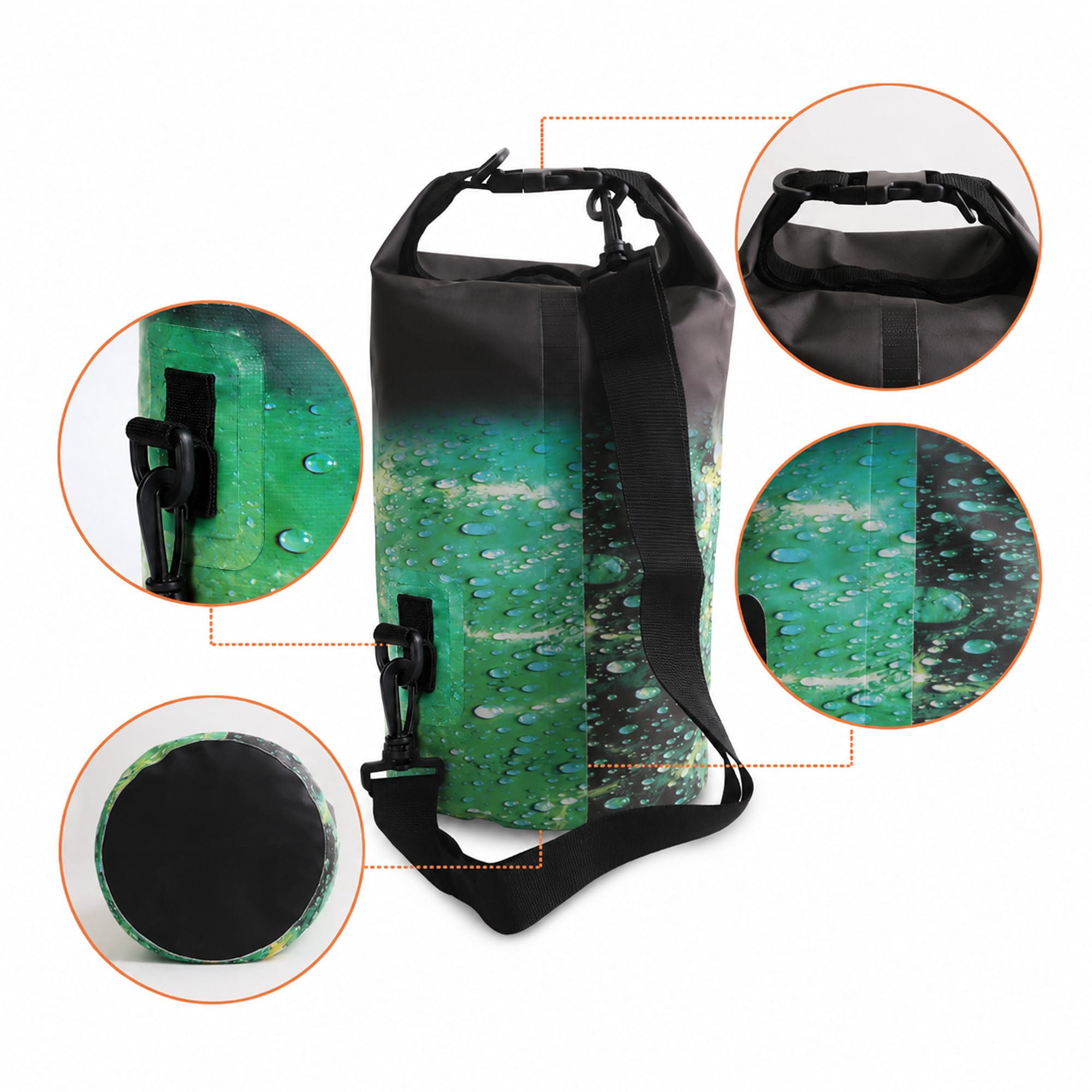 A full-colour dry bag in green and black with water droplets, featuring a handle and adjustable strap.