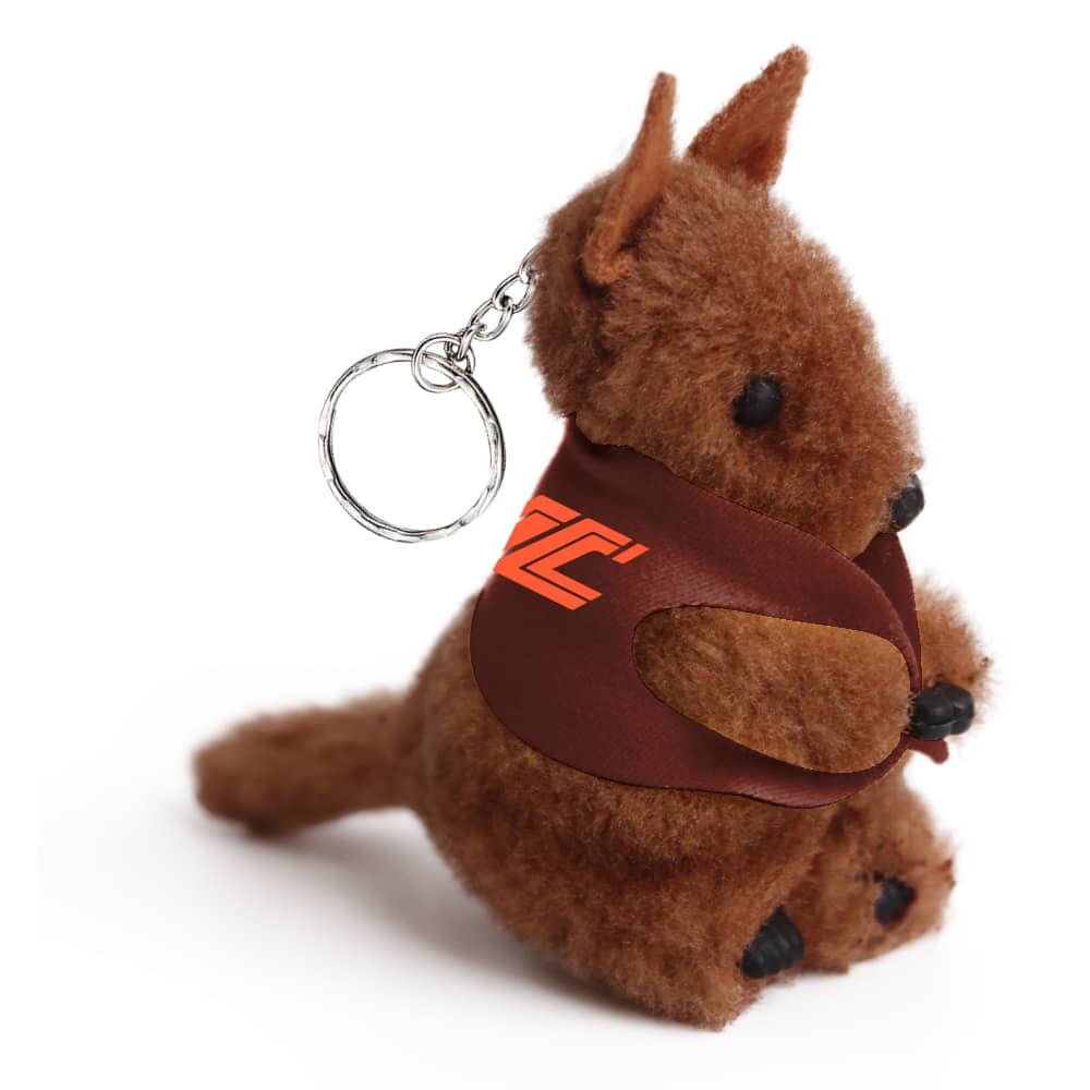A brown plush kangaroo keychain with a small vest and a keyring attached.