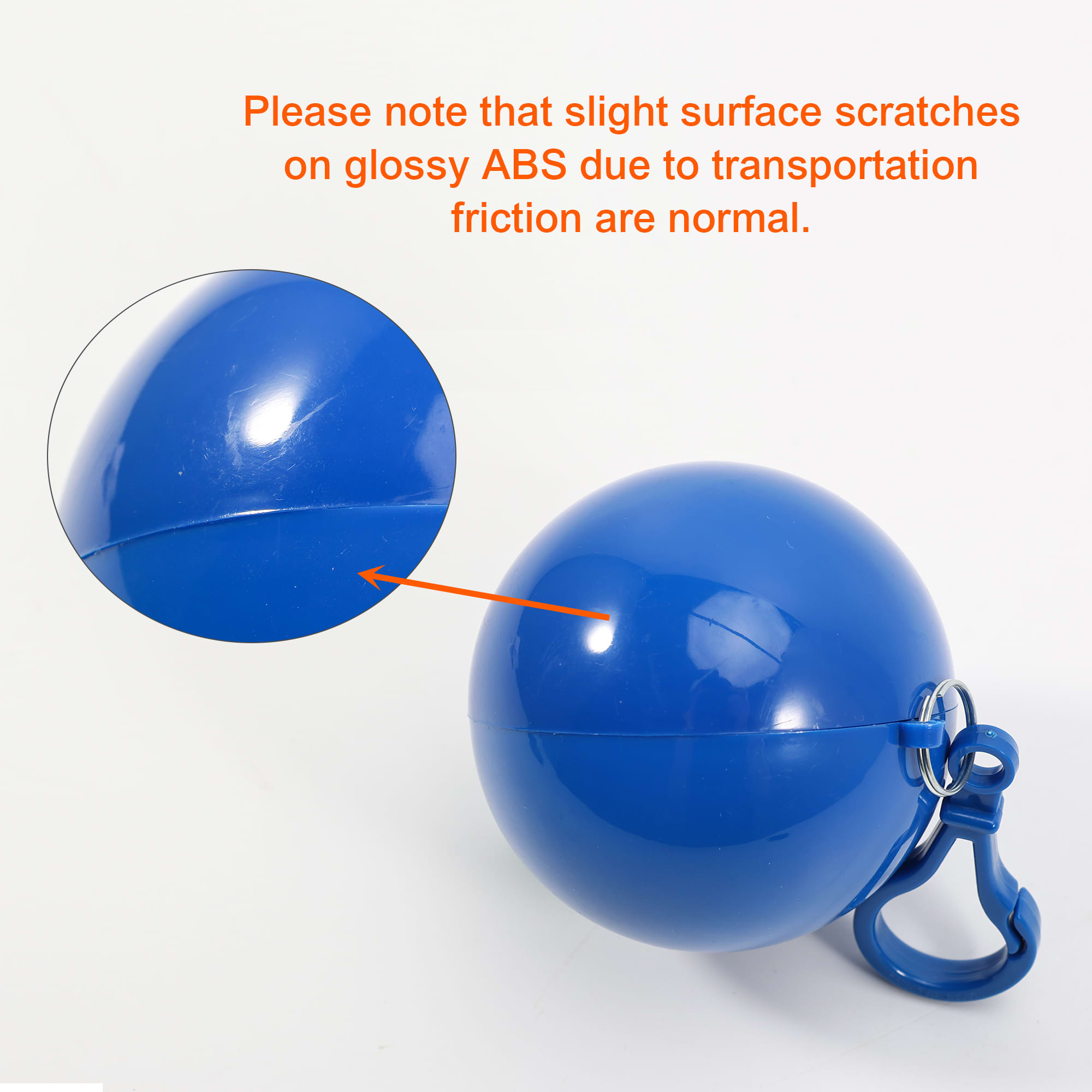 A blue ball-shaped rain poncho holder with a clip, made from glossy ABS material, featuring a logo.