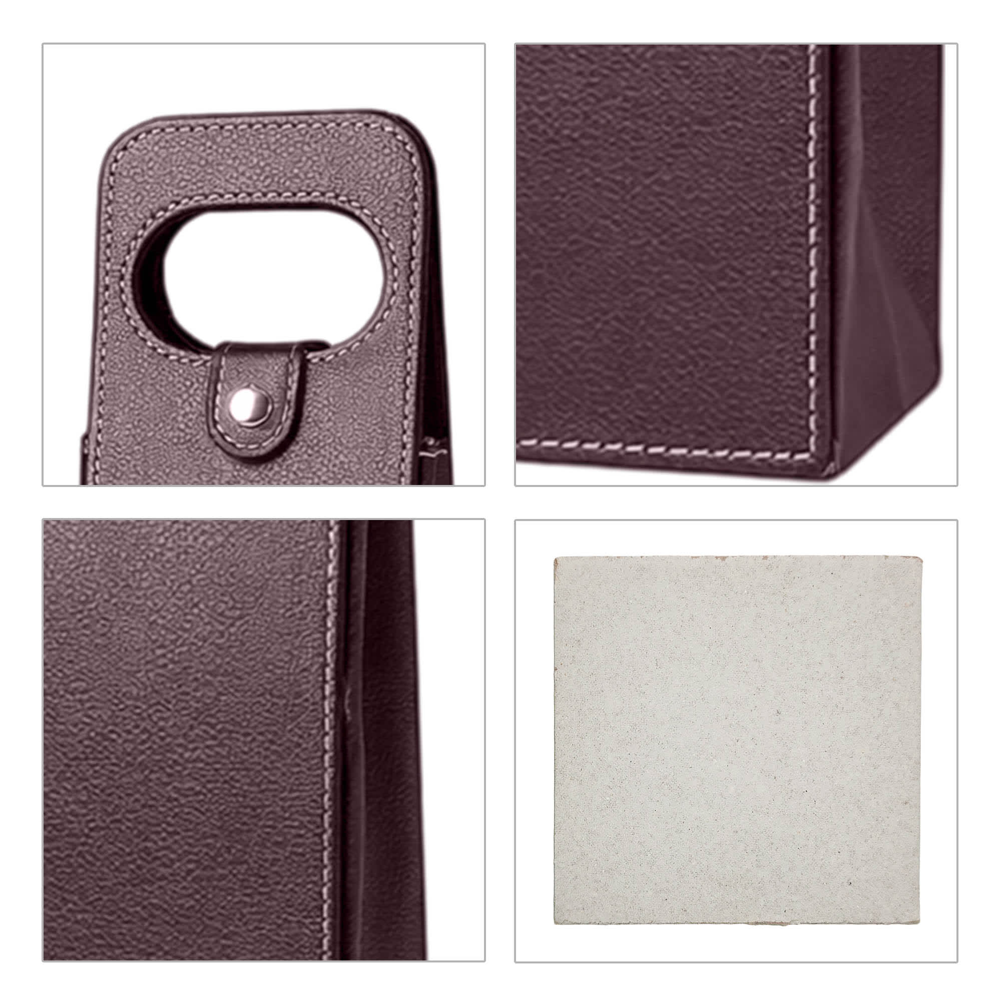 A wine bottle bag in dark purple with a handle, featuring stitched detailing and a square base.