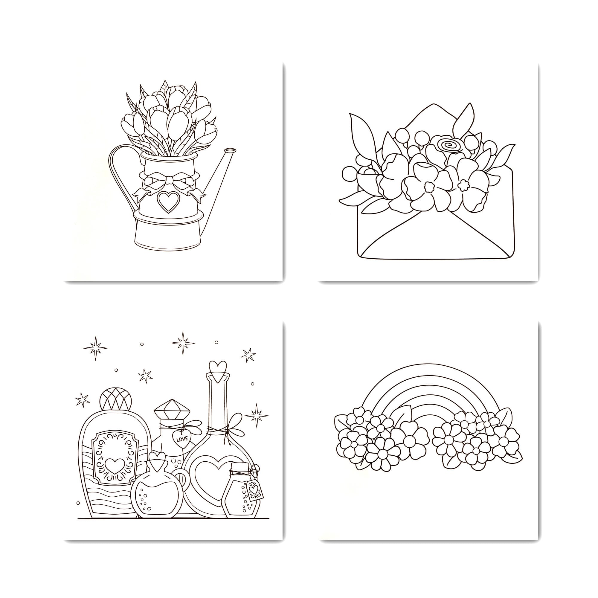 Four black and white illustrations for colouring, featuring a watering can, an envelope with flowers, potion bottles, and a rainbow.