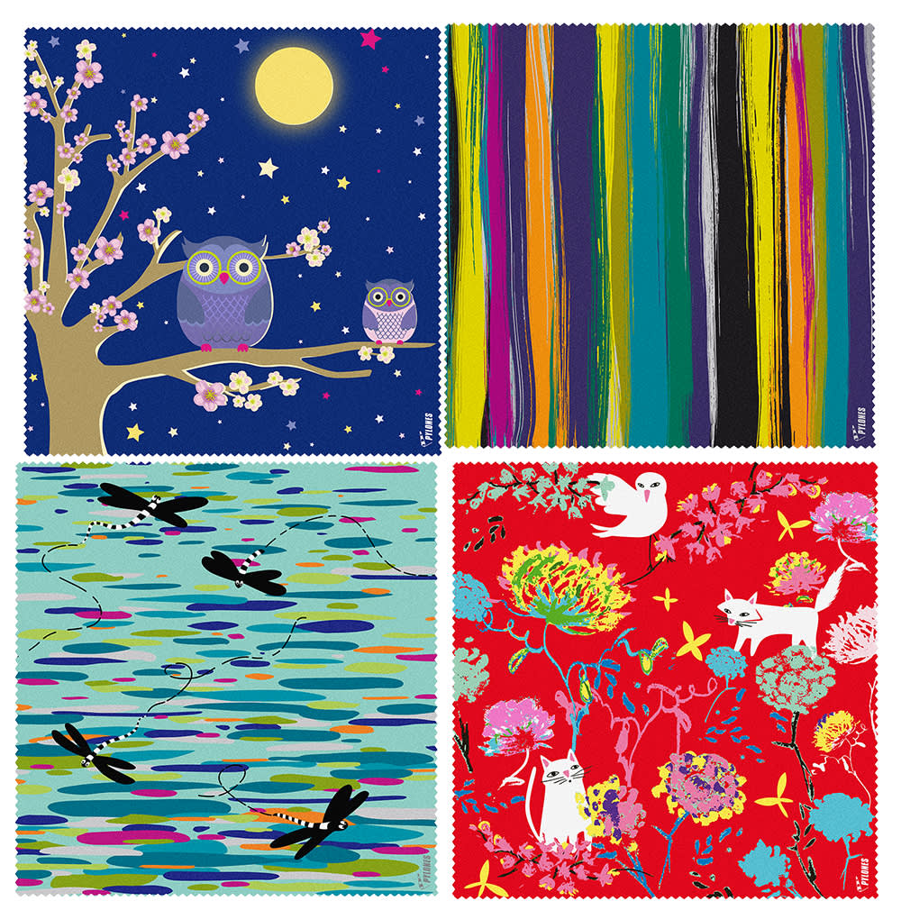 Four colourful microfibre lens cloths feature various designs: owls on a tree, abstract stripes, a water scene, and floral patterns.