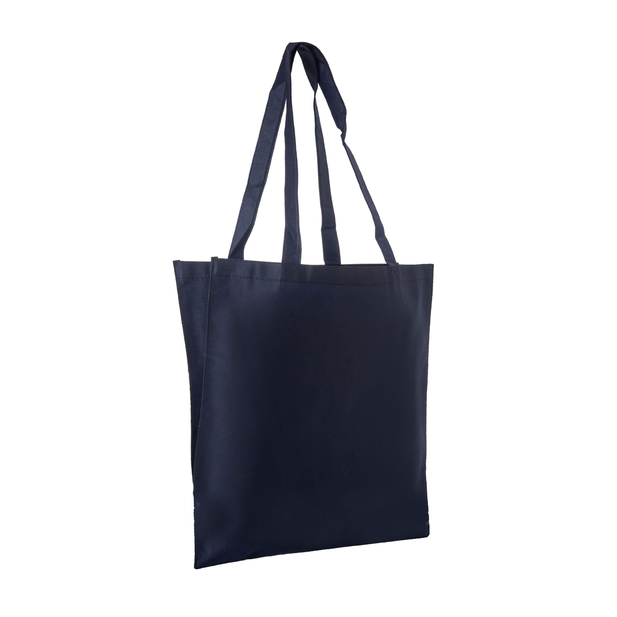 A navy non-woven long handle bag with a V gusset and two handles, featuring a logo.