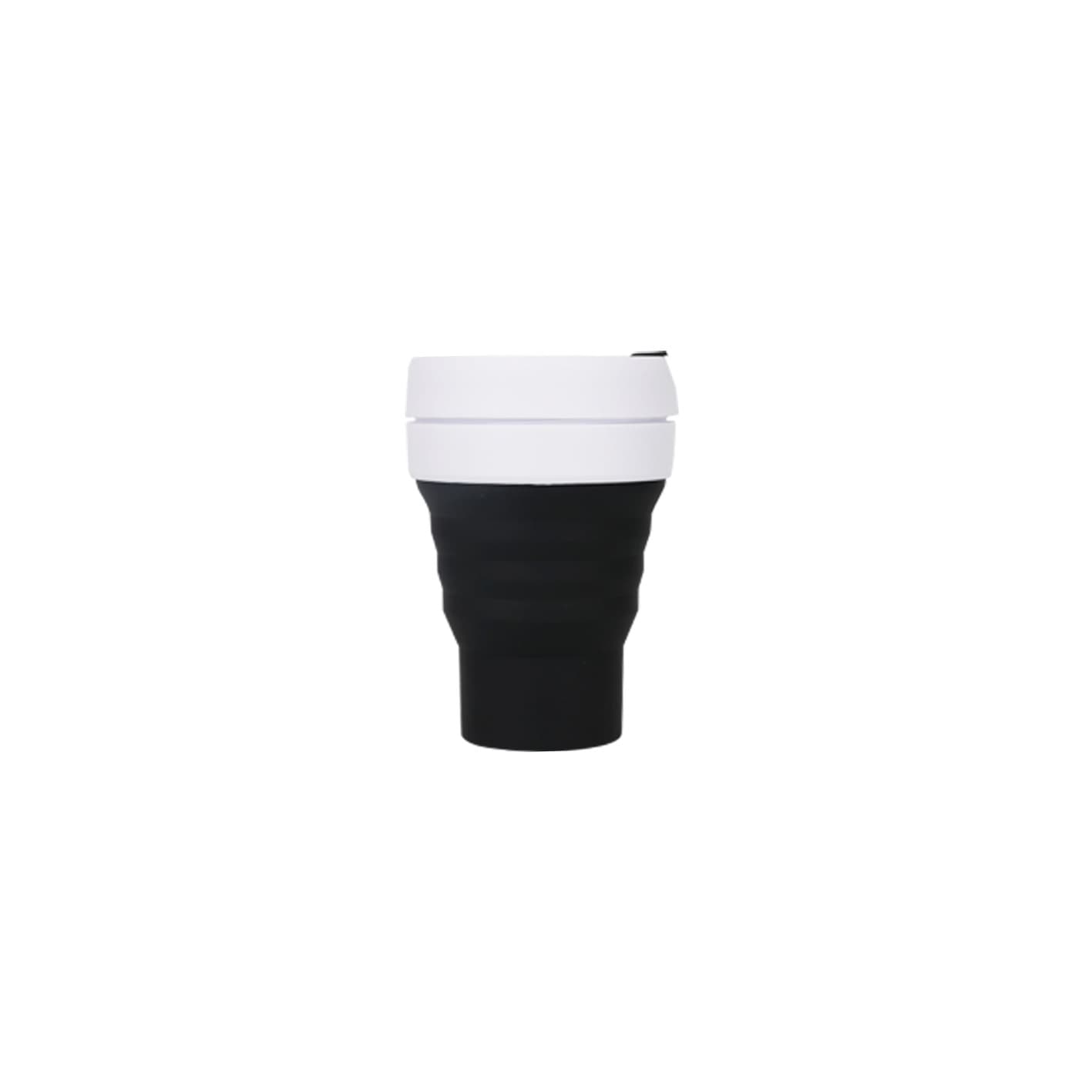 A reusable coffee cup in black and white, featuring a collapsible design and a logo.