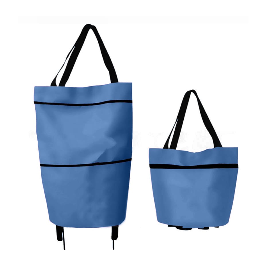 A blue 2 in 1 collapsible shopping trolley bag, displayed in its full size and folded version, with black straps.