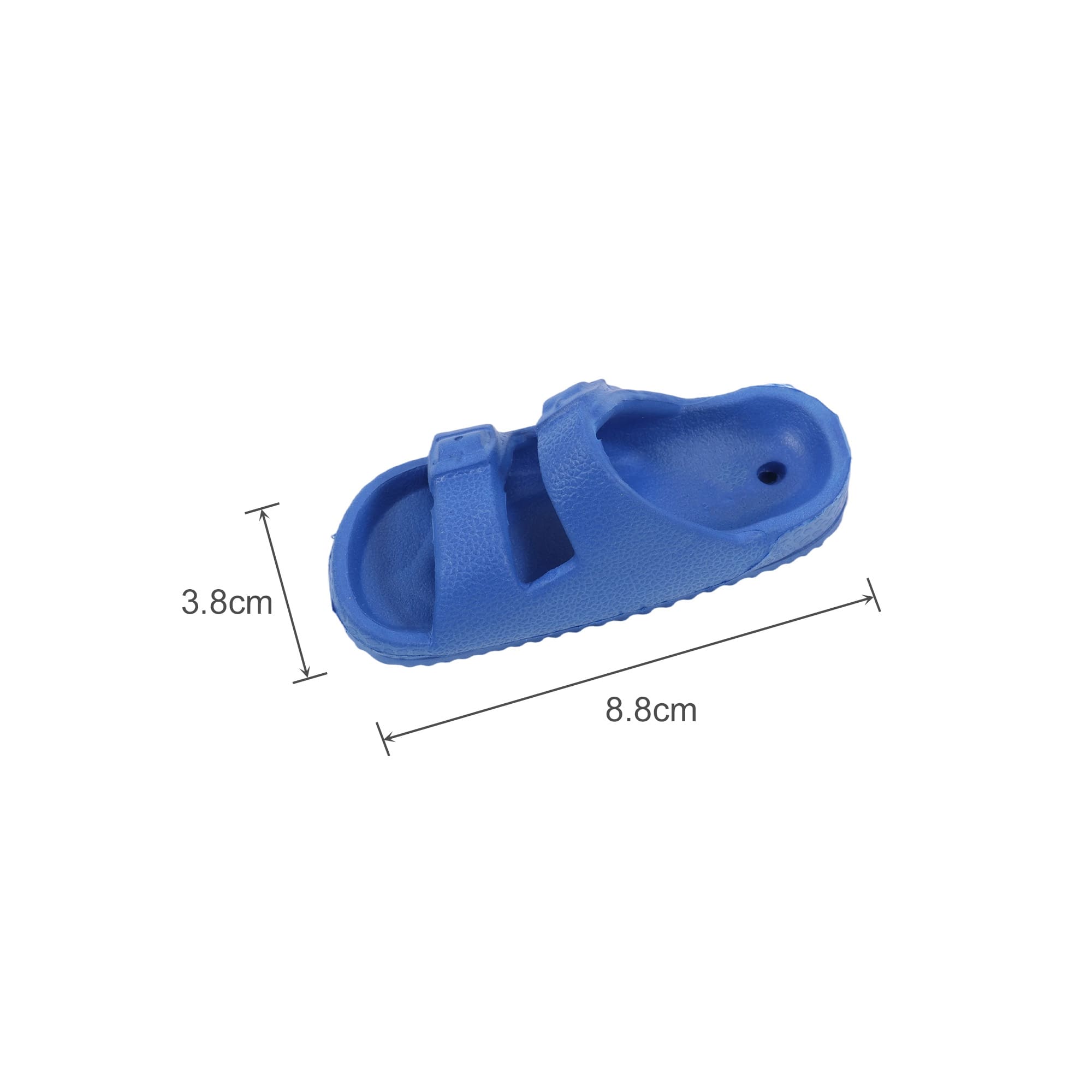 A blue fridge magnet shaped like a flip-flop, measuring 8.8 cm in length and 3.8 cm in width.