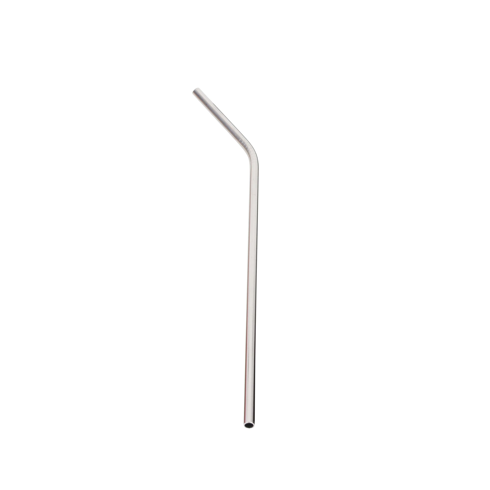 A stainless steel drinking straw, featuring a sleek design with a slight bend, on a plain background.