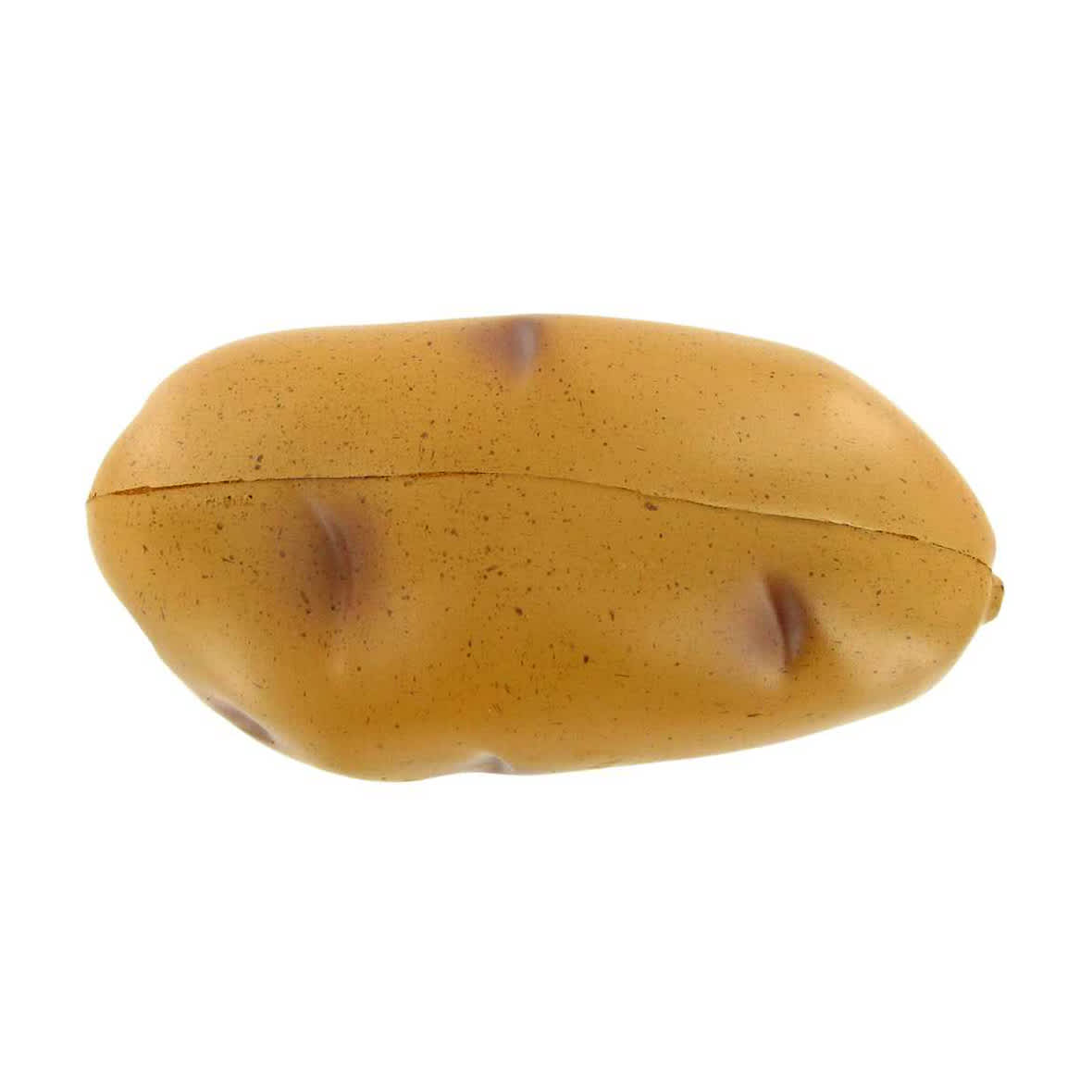 A brown potato-shaped stress reliever with a textured surface, featuring small eyes and a slight sheen.