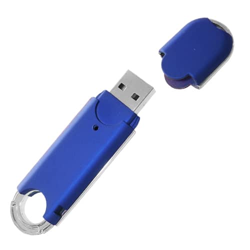 A blue O-ring flash drive with a clear casing and a removable cap. It includes a loop for attachment.