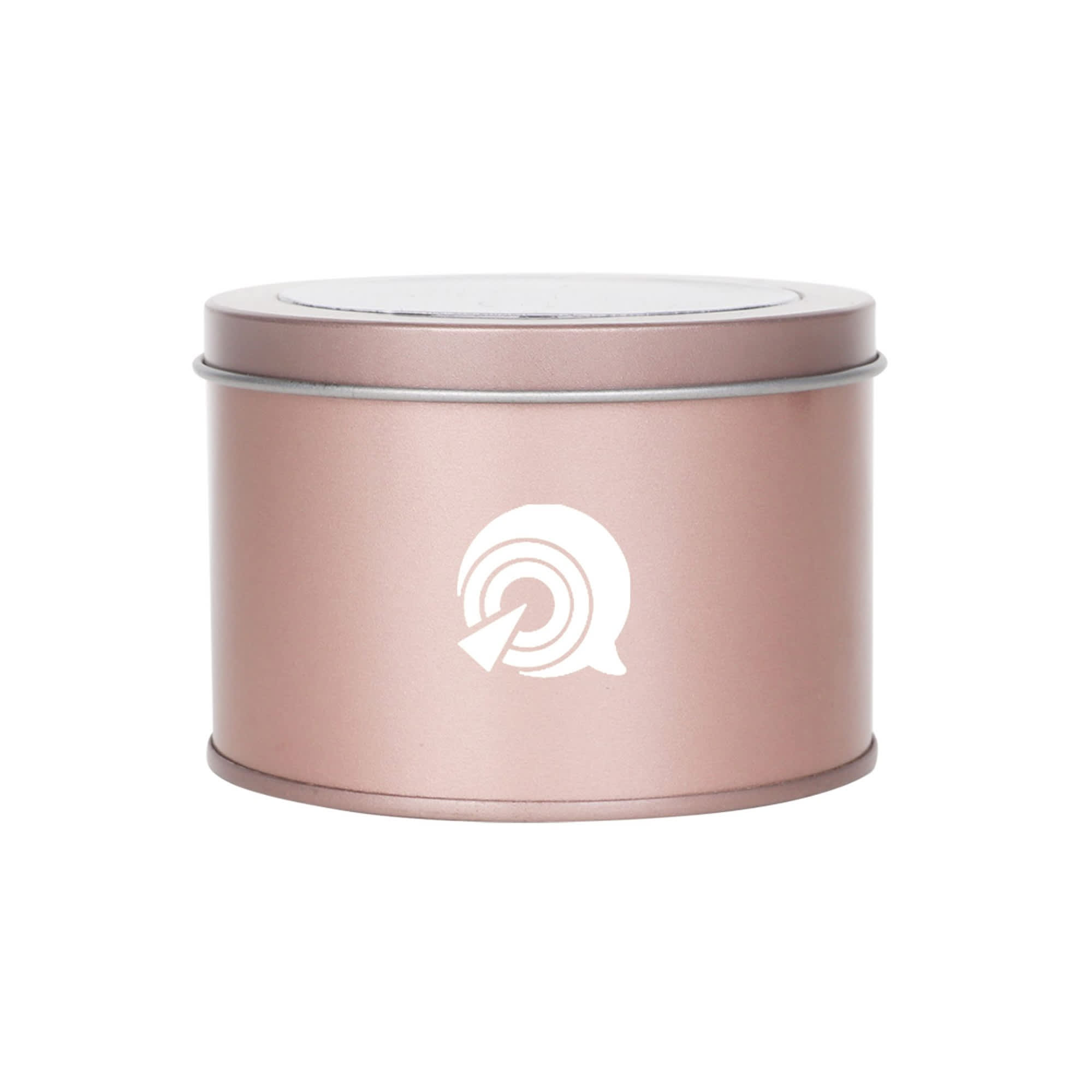 A medium rose gold tin can with a transparent window, featuring a logo on the front.