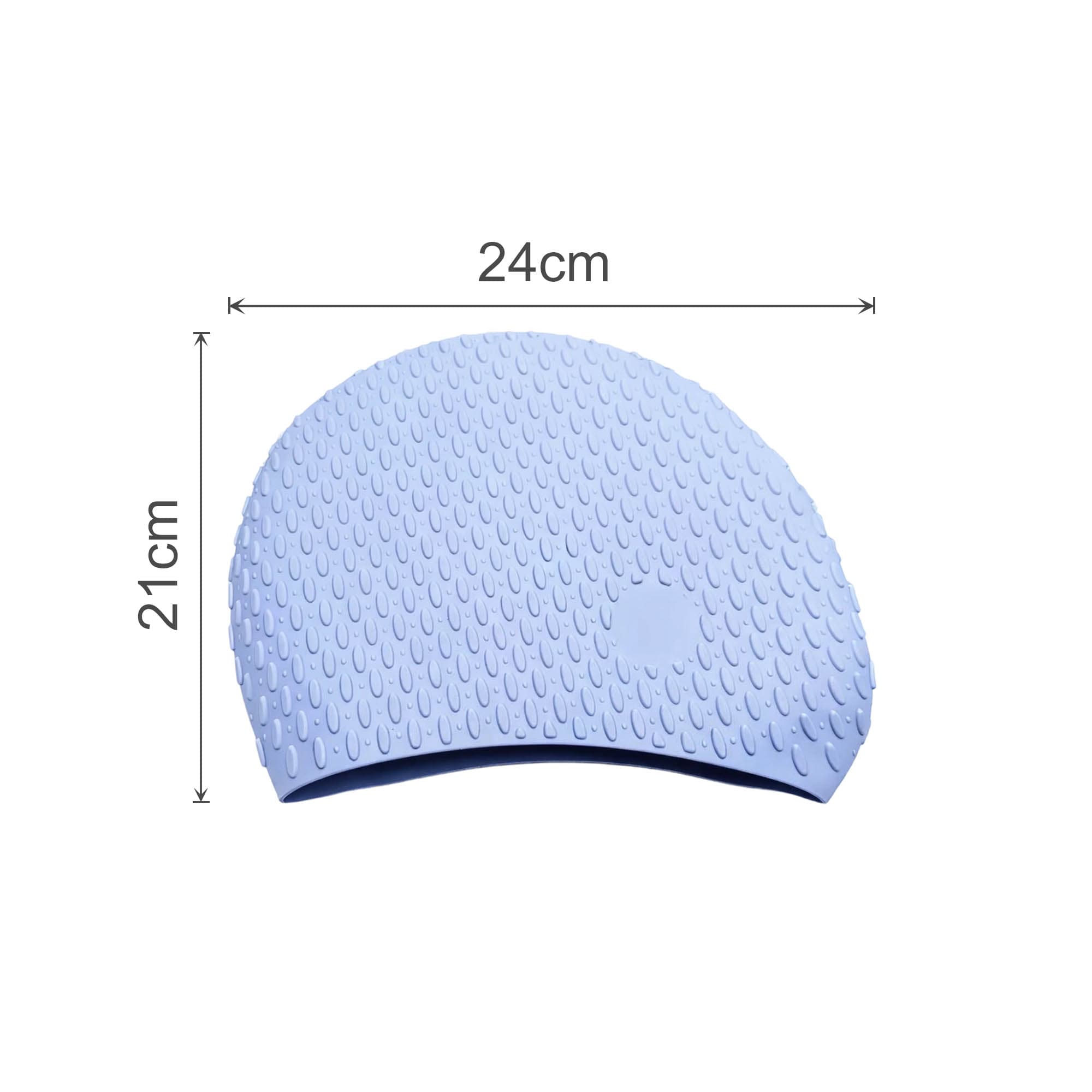 A silicone swimming cap in light blue, featuring a textured surface with water droplet patterns and a brand logo.