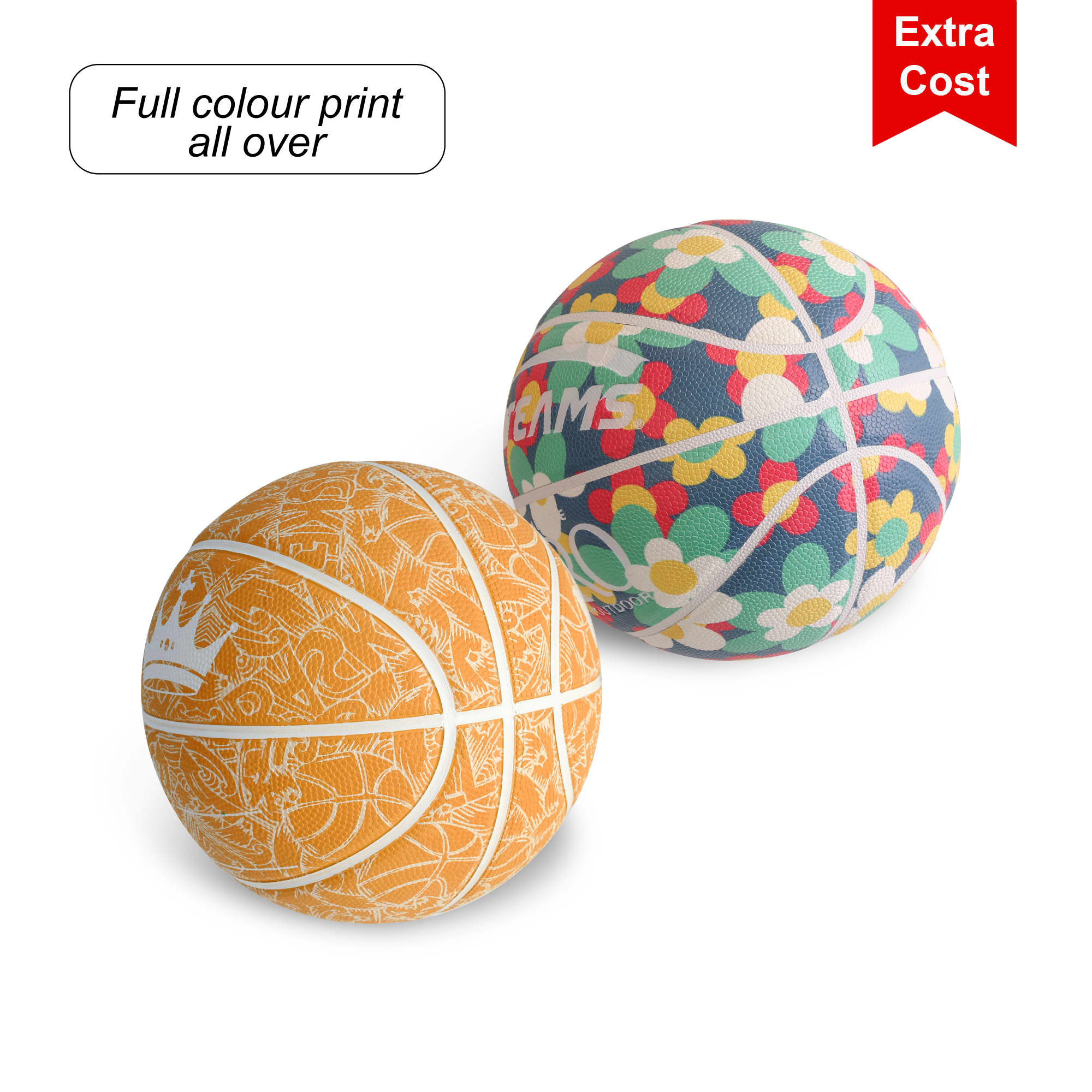 Two basketballs with vibrant patterns; one orange with a detailed design, the other multi-coloured featuring floral motifs.