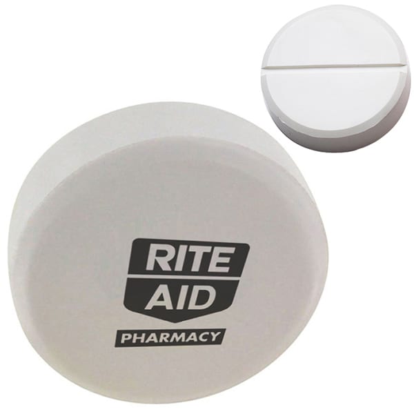 A round white stress reliever tablet with a logo on the front and a smooth surface design.
