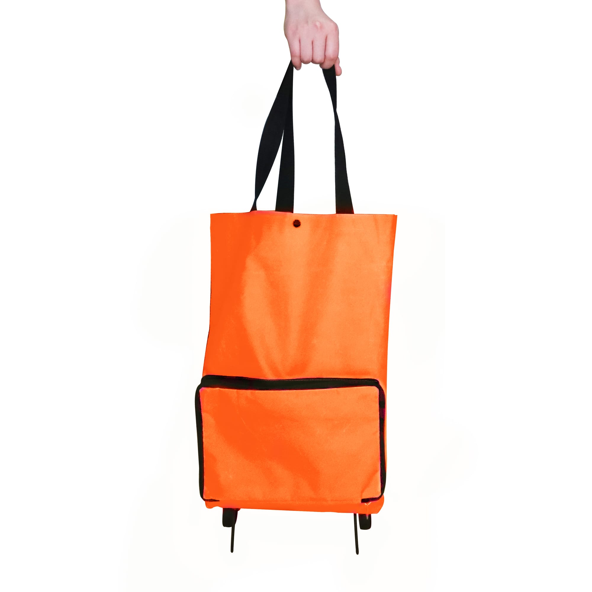An orange collapsible shopping trolley bag with a black trim and dual handles, featuring a pocket on the front.