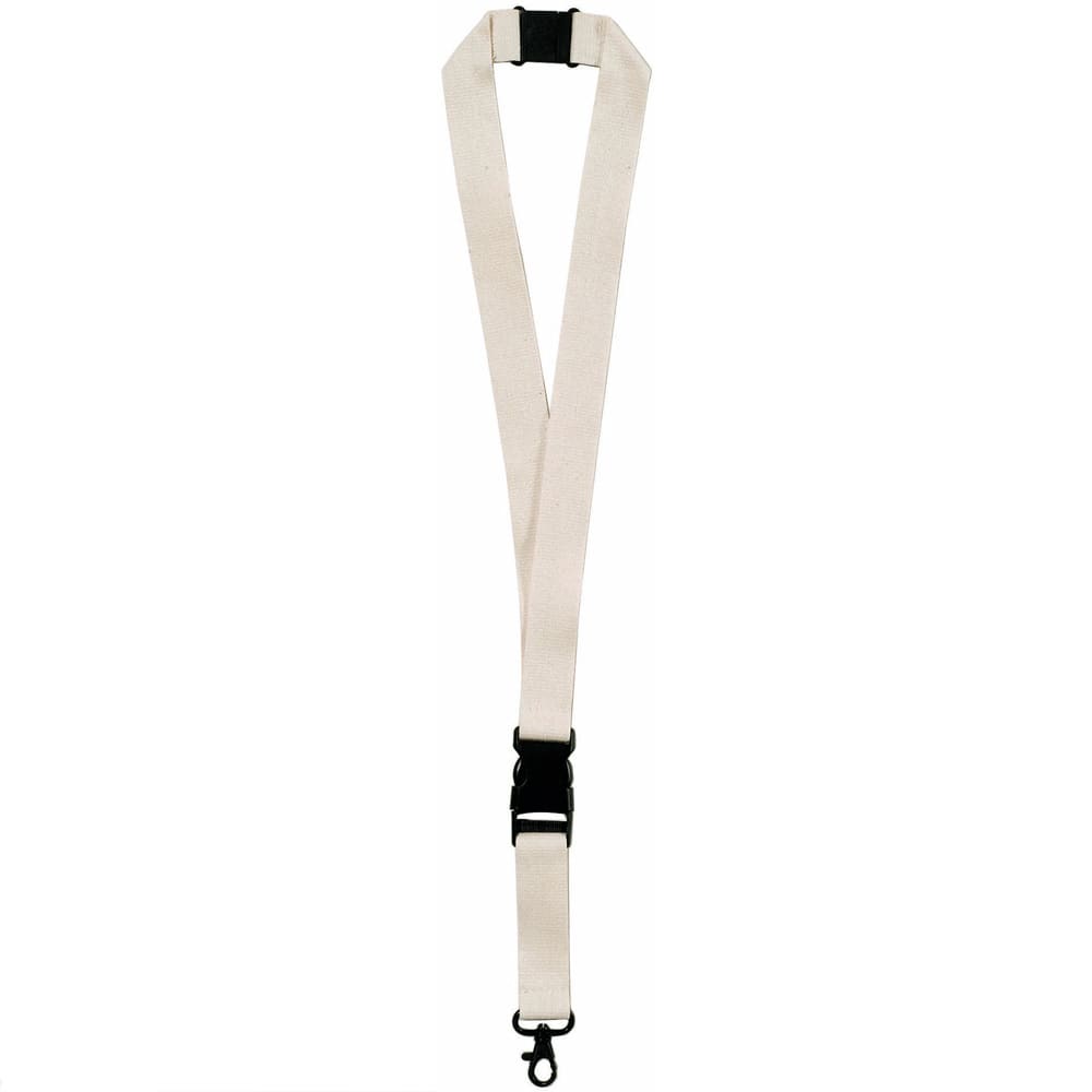 A cream cotton lanyard with a black clasp, featuring a logo on one side.
