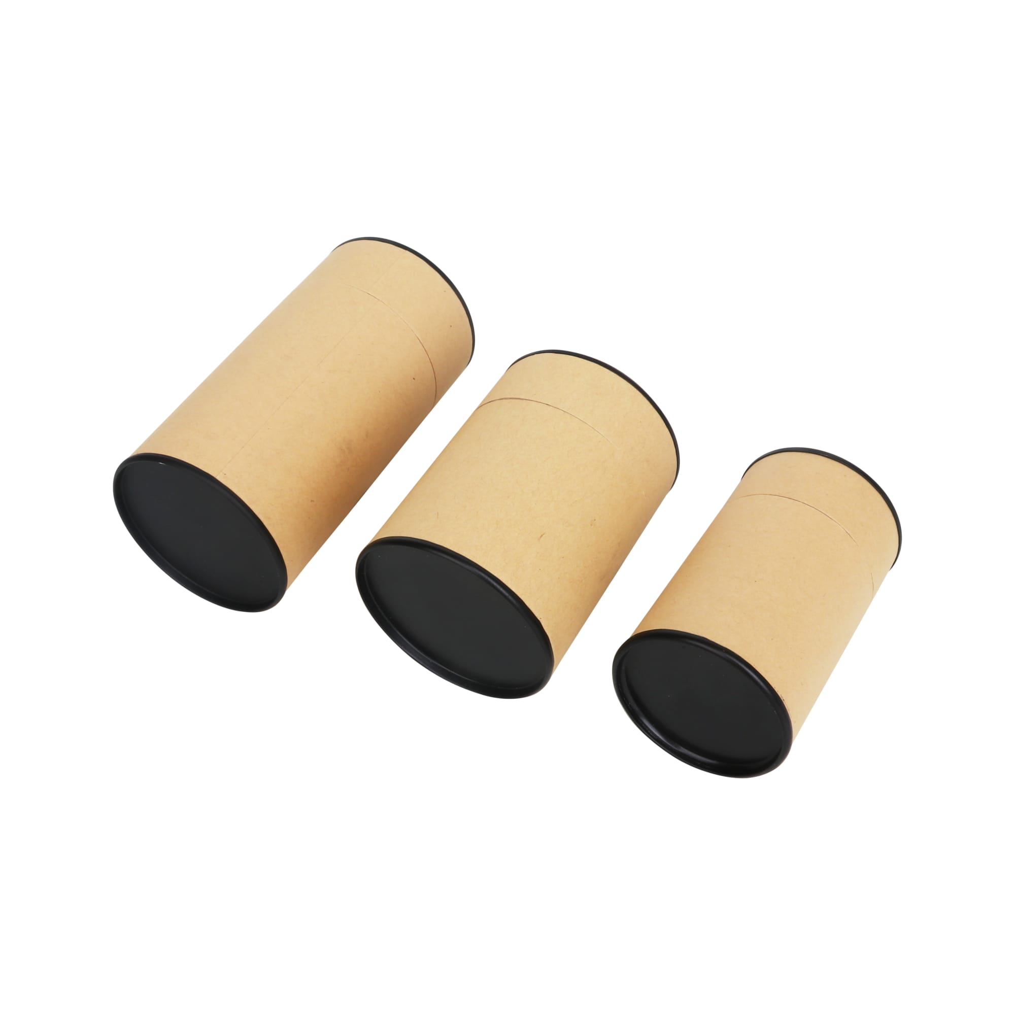 Medium kraft paper cylinders in various sizes with black lids, displaying a simple design and one logo.