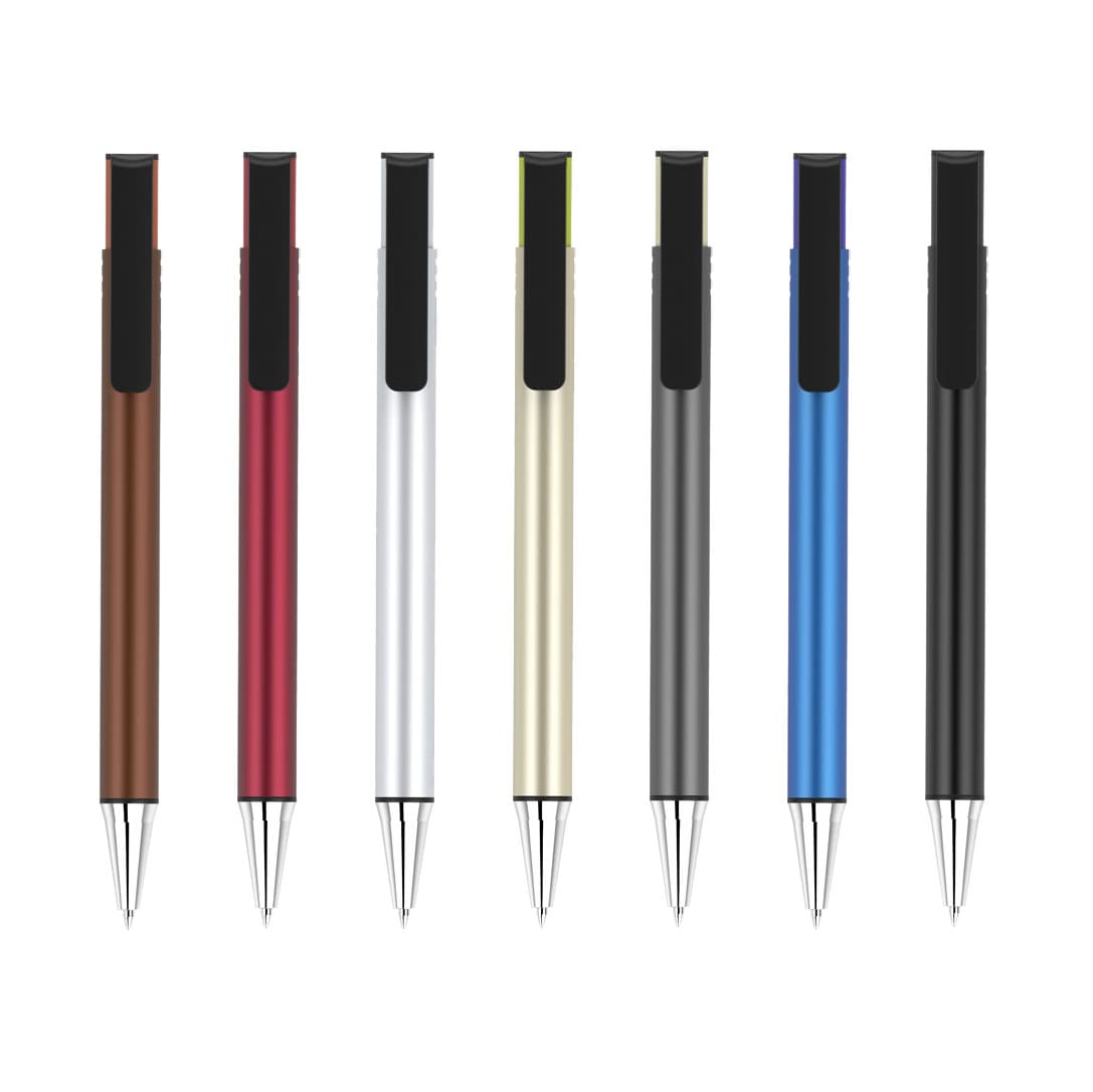 A collection of pens in brown, red, silver, gold, grey, blue, and black, featuring a sleek design and a logo.