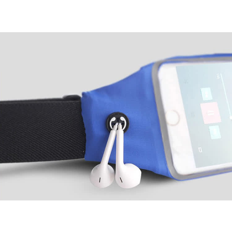 A blue sports waist bag with earphone connectors and a clear phone pocket. Features a black adjustable strap.