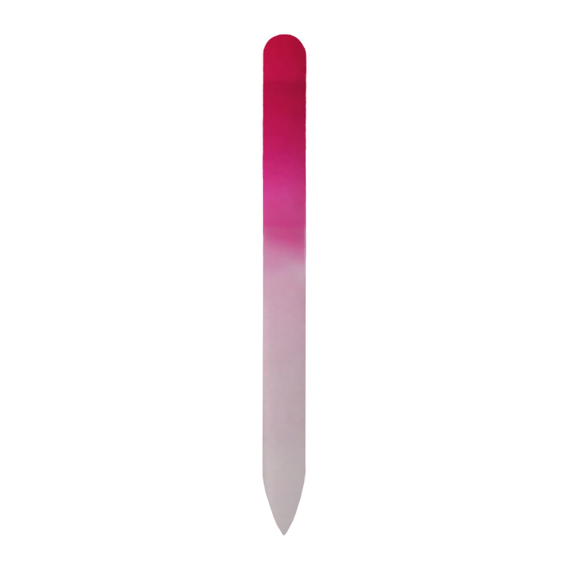 A gradient glass nail file in shades of pink and white, featuring a sleek, elongated design.