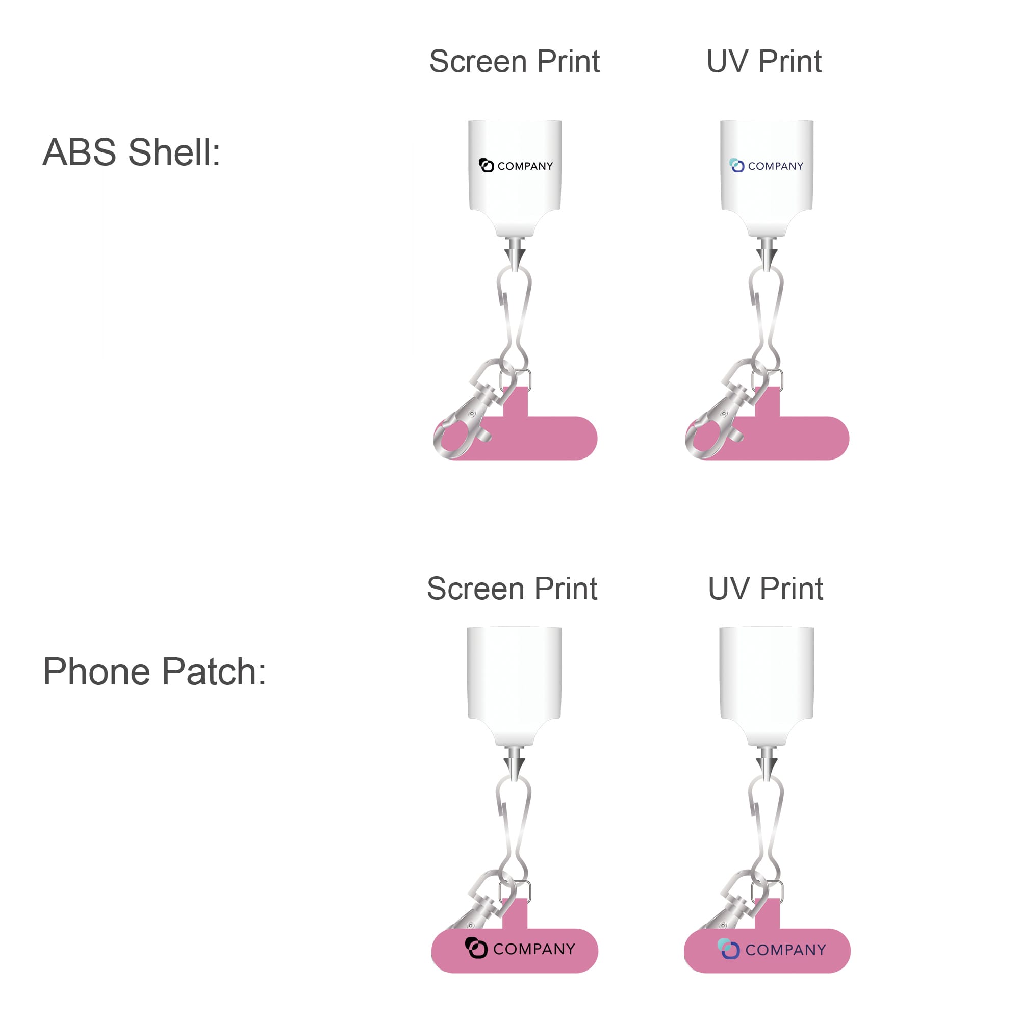 A pink 60W 4-in-1 charging phone lanyard with ABS shell and phone patch, featuring a logo. Multiple print options are displayed.