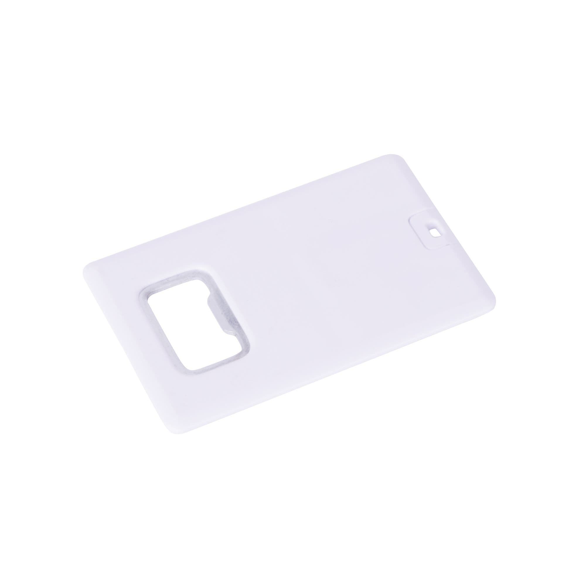 A drink bottle opener and flash drive in a sleek white card shape. Features a cut-out for easy use and a logo.