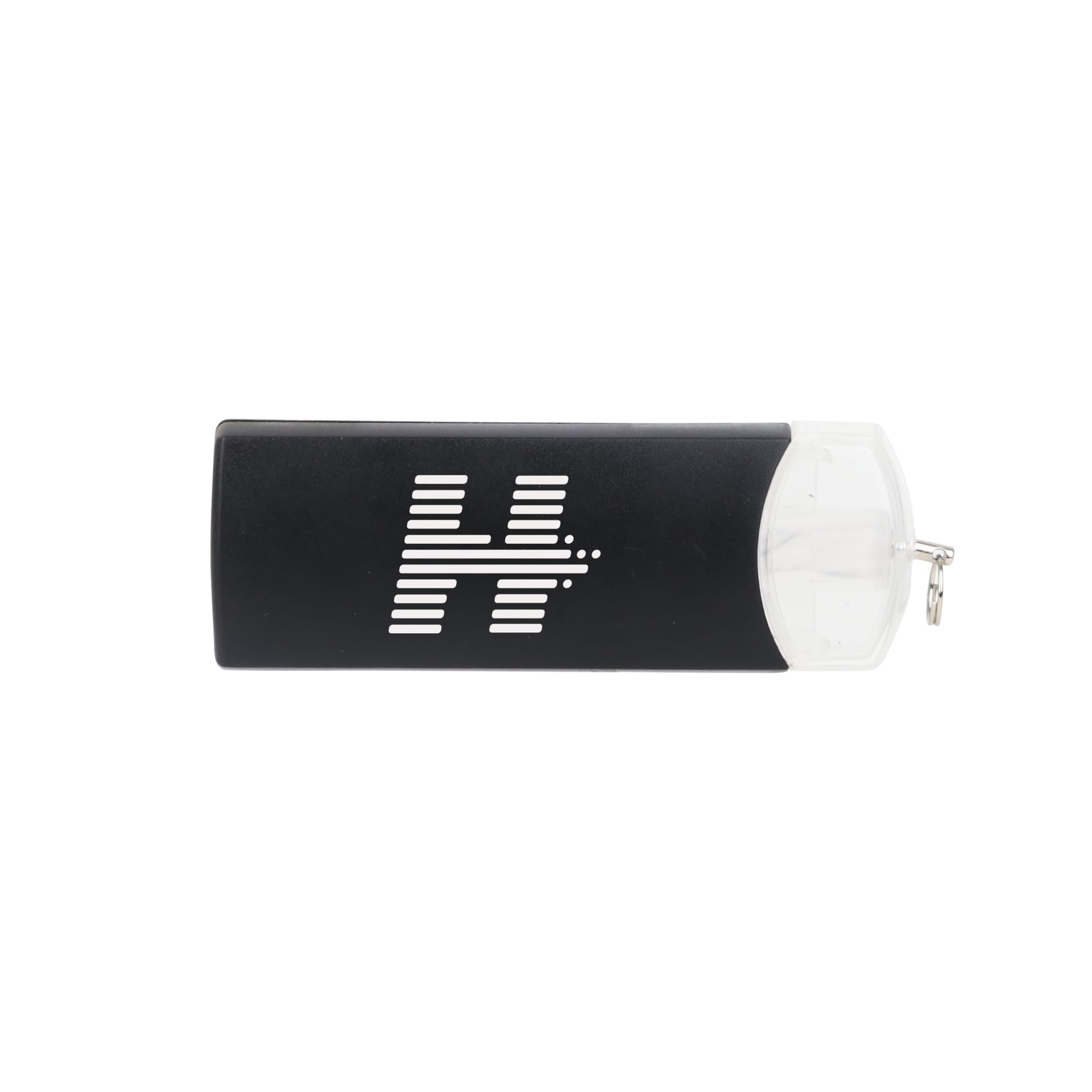 A black USB flash drive with a clear cap and a logo on the side, featuring a sleek and modern design.