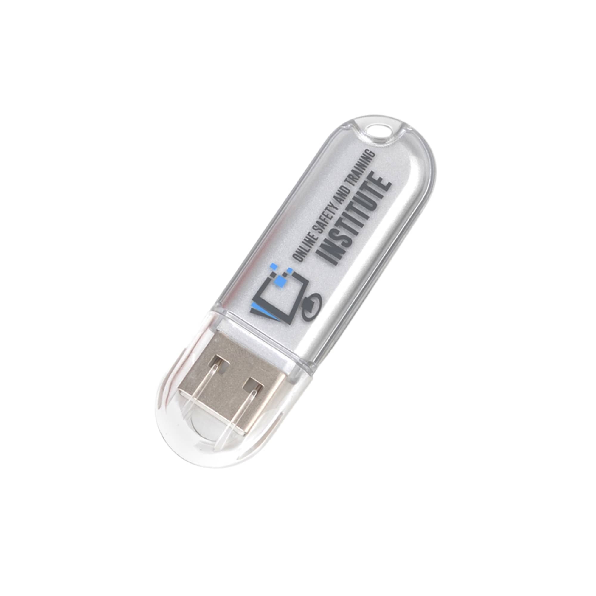 A clear USB flash drive with a silver metallic connector and a simplistic logo on its surface.