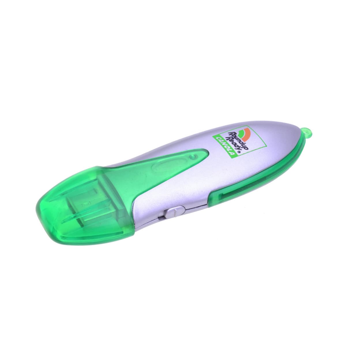 A flash drive with a silver body and a green cap, featuring a logo on the side.