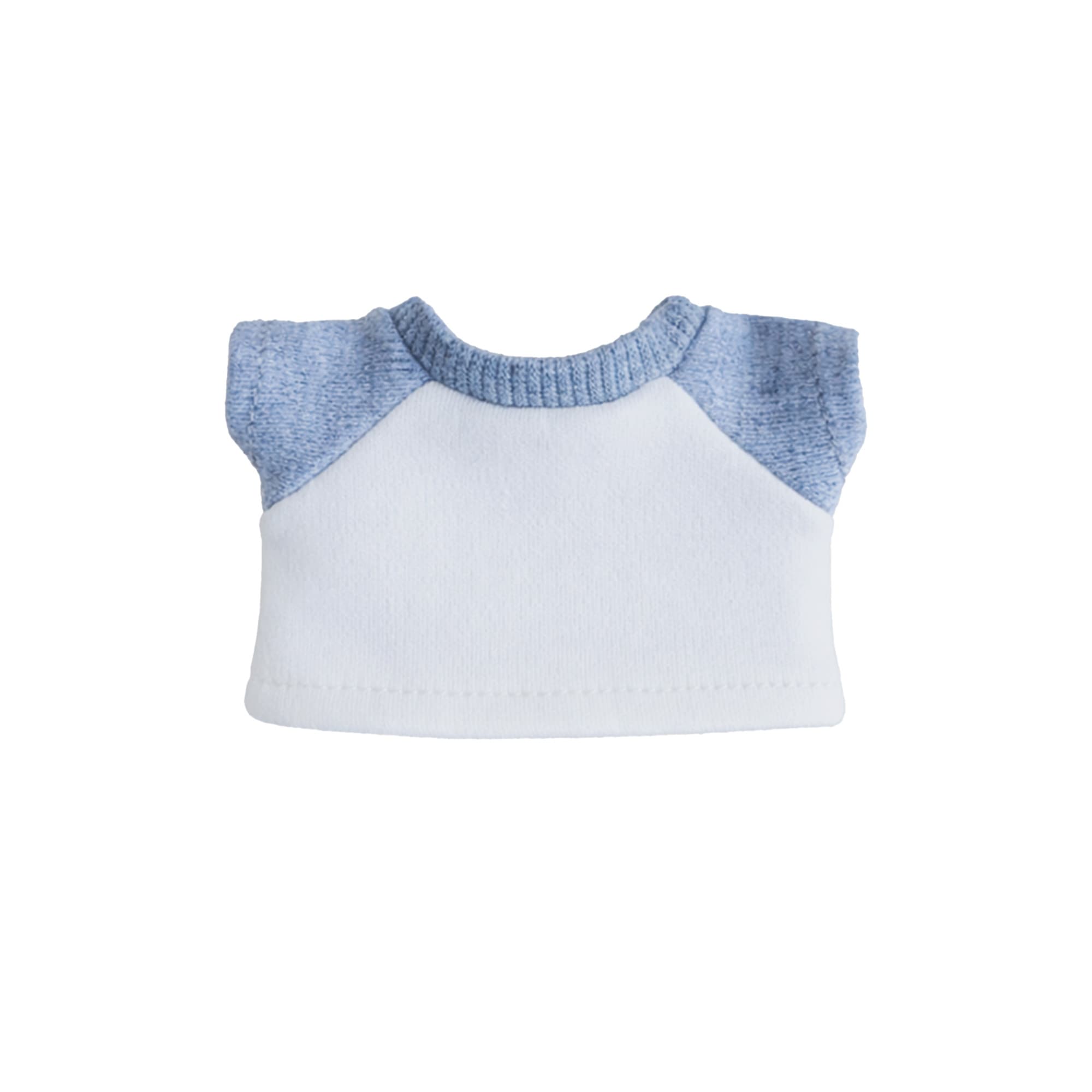 A plush doll raglan T-shirt featuring blue sleeves and a white body, with a ribbed neckline. It includes a logo.